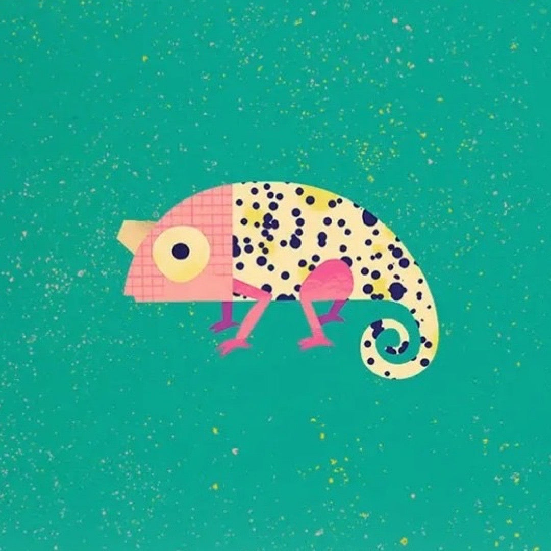 Chameleon illustrated postcard on a teal background.