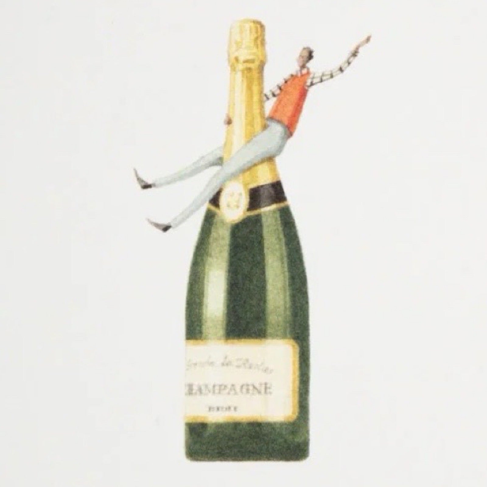 Greeting card with champagne bottle illustration with a boy on top.