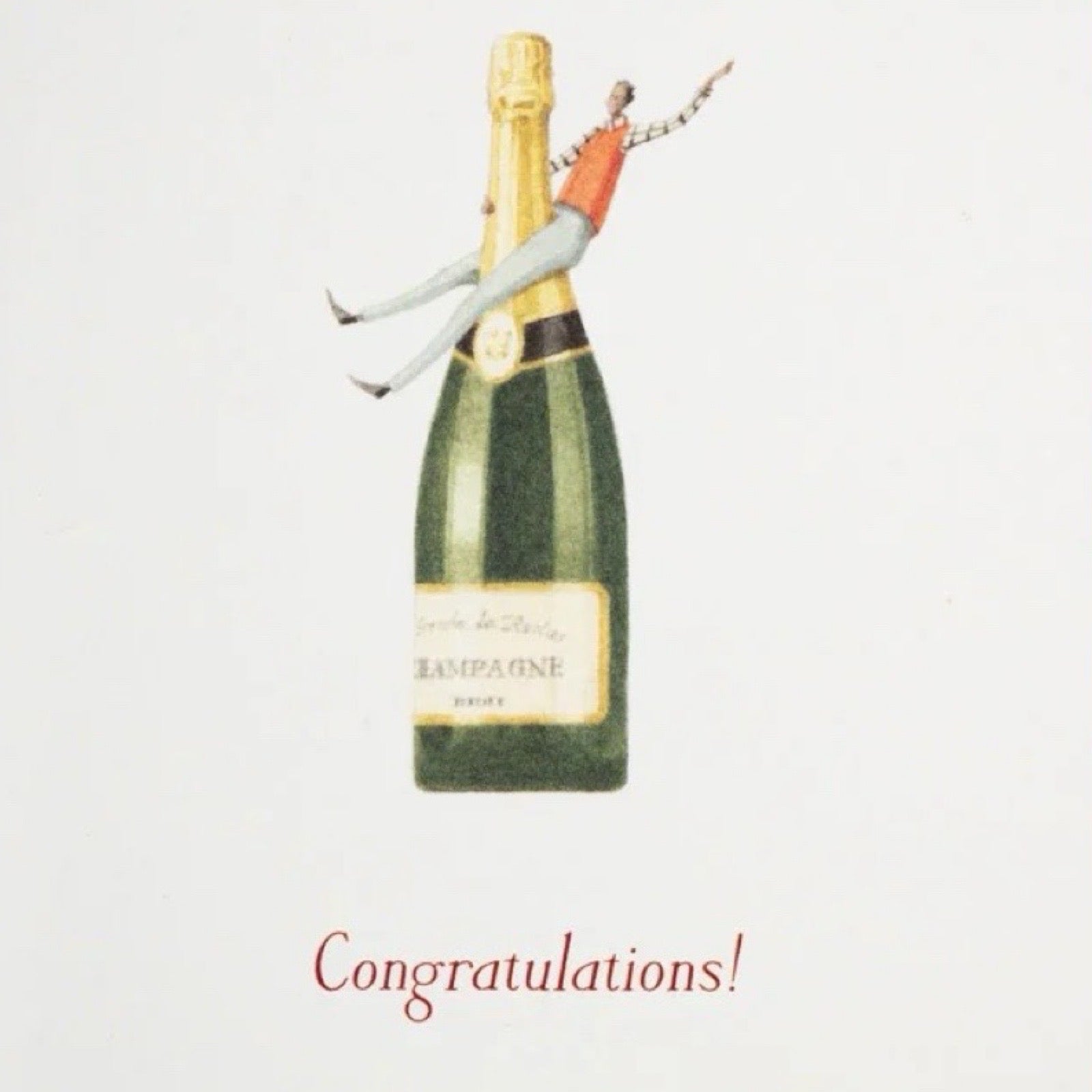 Illustration of a champagne bottle with corks on a white background, featuring the word 'Congratulations!'.