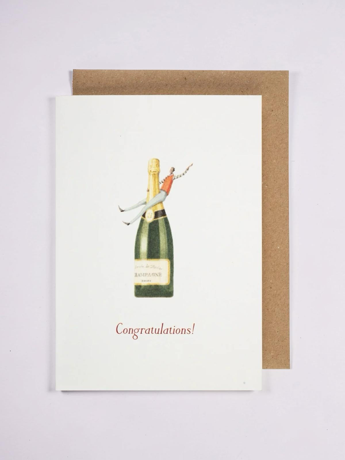 Greeting card with champagne bottle illustration and 'Congratulations!' text and a brown envelope.
