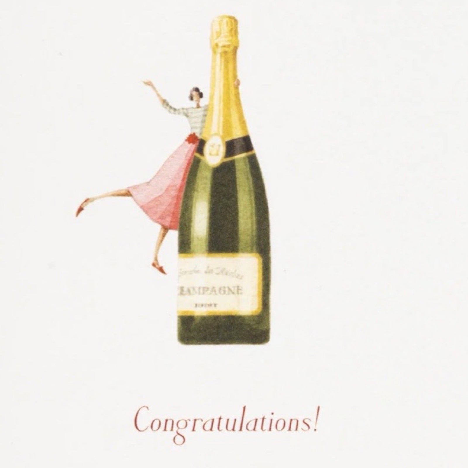 Illustration of a woman dancing on a champagne bottle with 'Congratulations!' text on a white background.