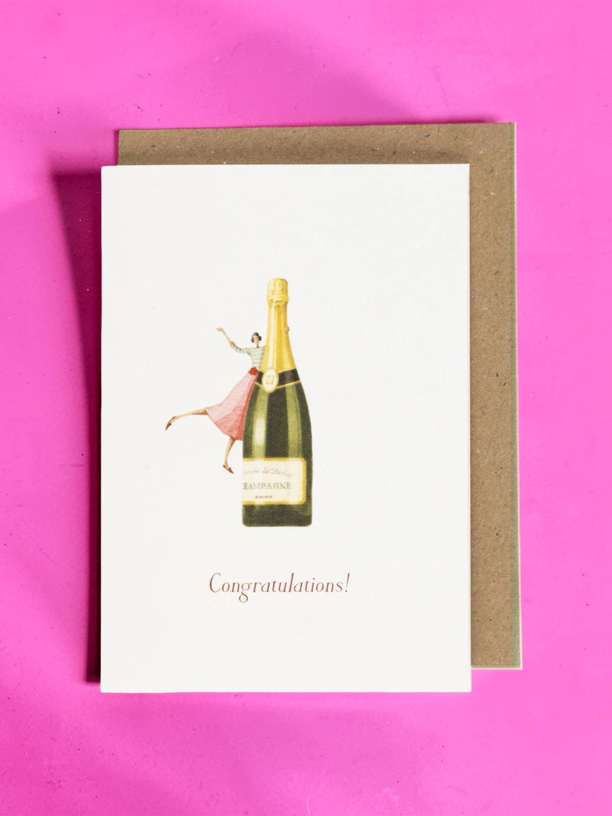 Greeting card with illustration of a woman with a champagne on a bottle against a pink background.
