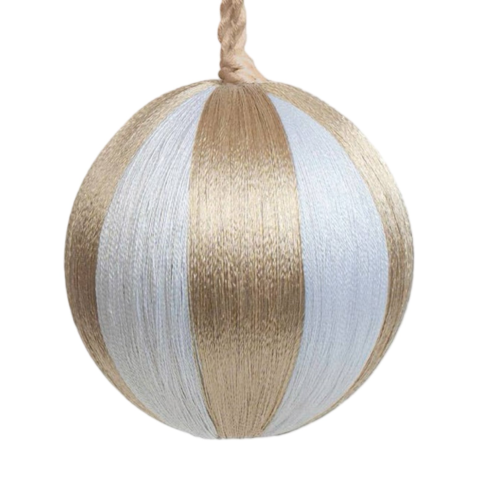 These gorgeous gold and cream striped baubles are thread-bound and come complete with a matching gold hanging thread.