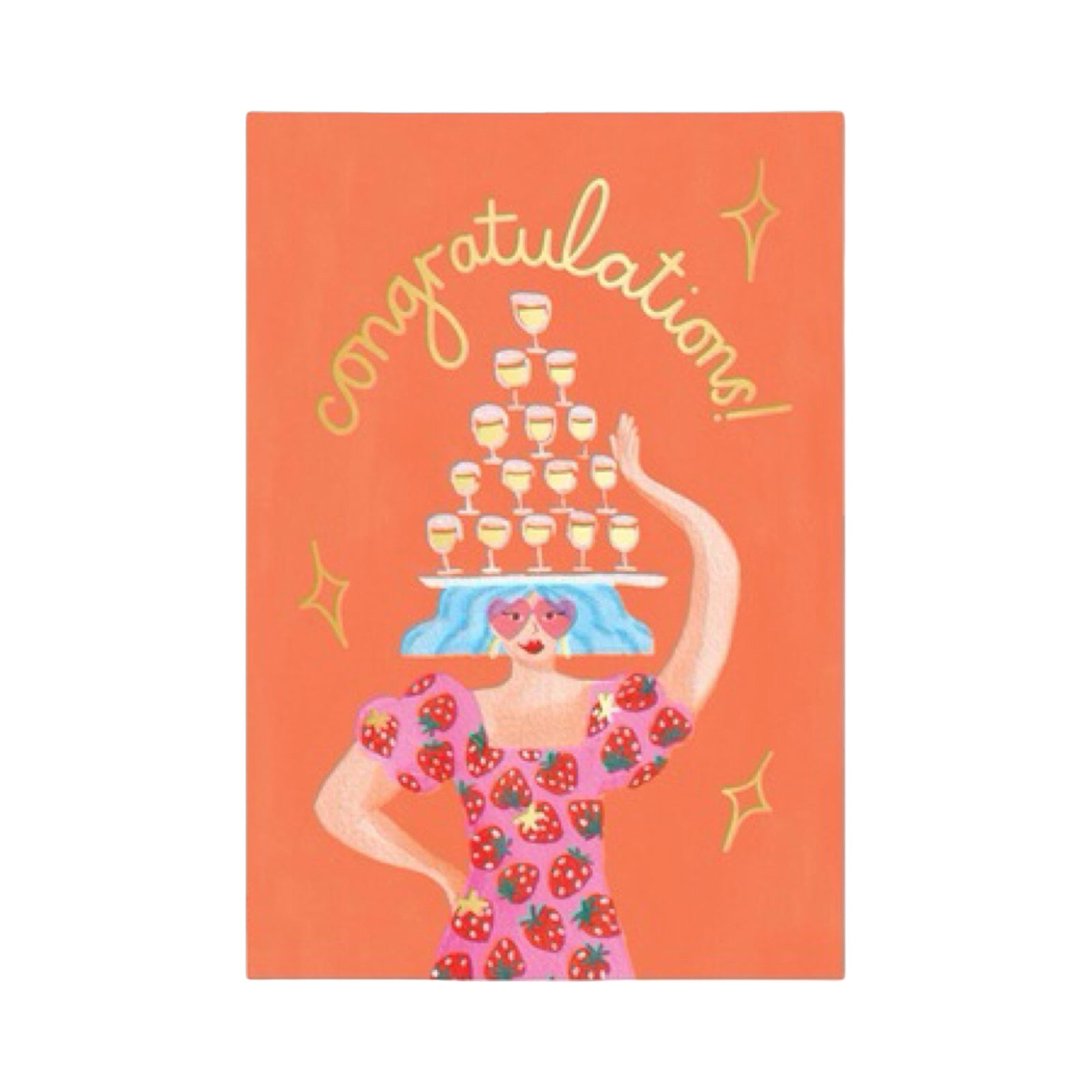 Greeting card with a woman holding a tray of champagne glasses on her head and 'Congratulations' text on an orange background.