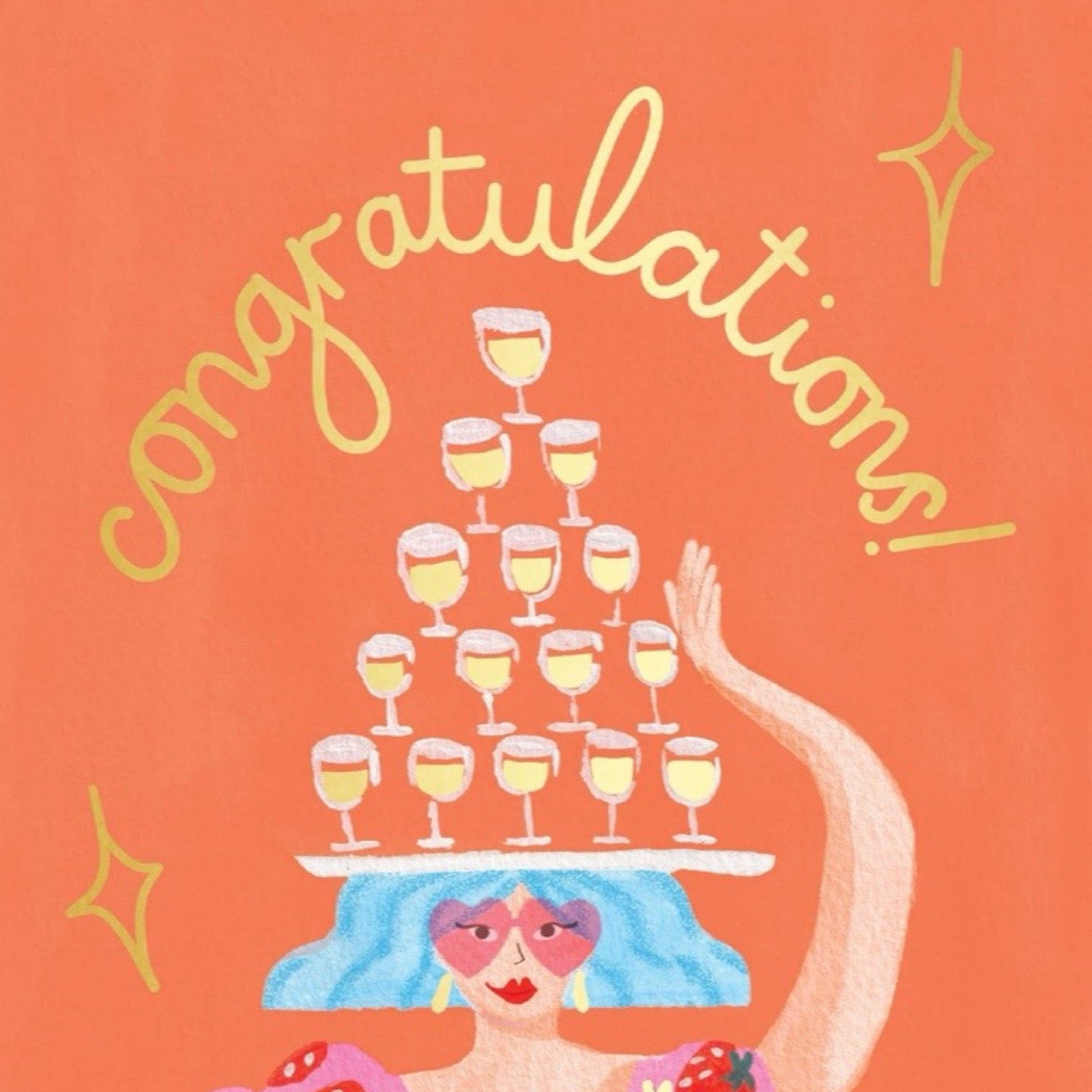 Illustration of a woman holding a tower of champagne glasses with 'Congratulations!' text on an orange background.