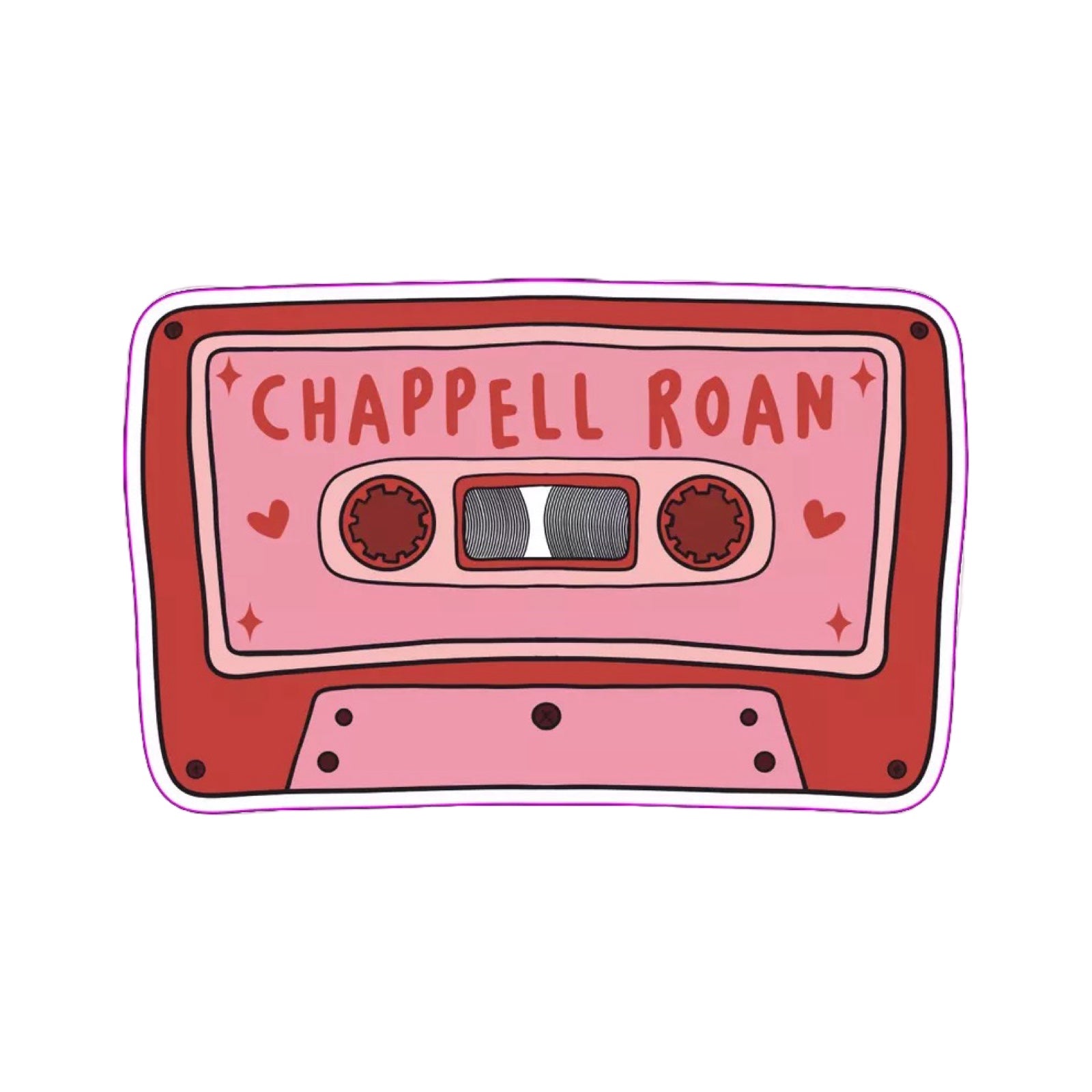 A rectangular-shaped sticker featuring an illustration of a retro cassette tape in pink and red with the title 'Chappell Roan', decorated with red love hearts.