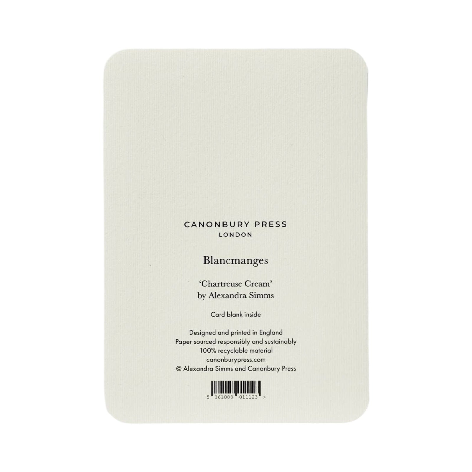 The back of a cream coloured card rom the 'Blancmanges' range by Alexandra Smith for Canonbury Press.