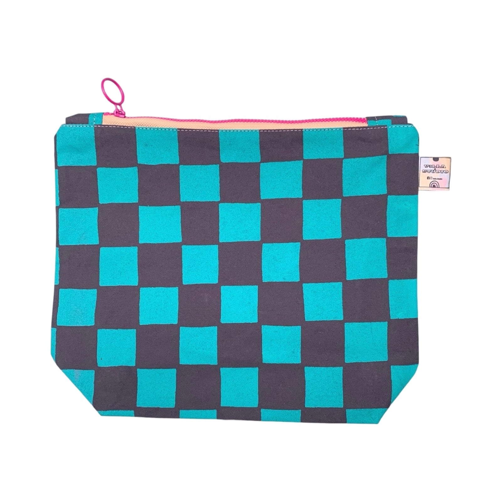 A screen-printed checked cosmetic bag in turquoise and grey.