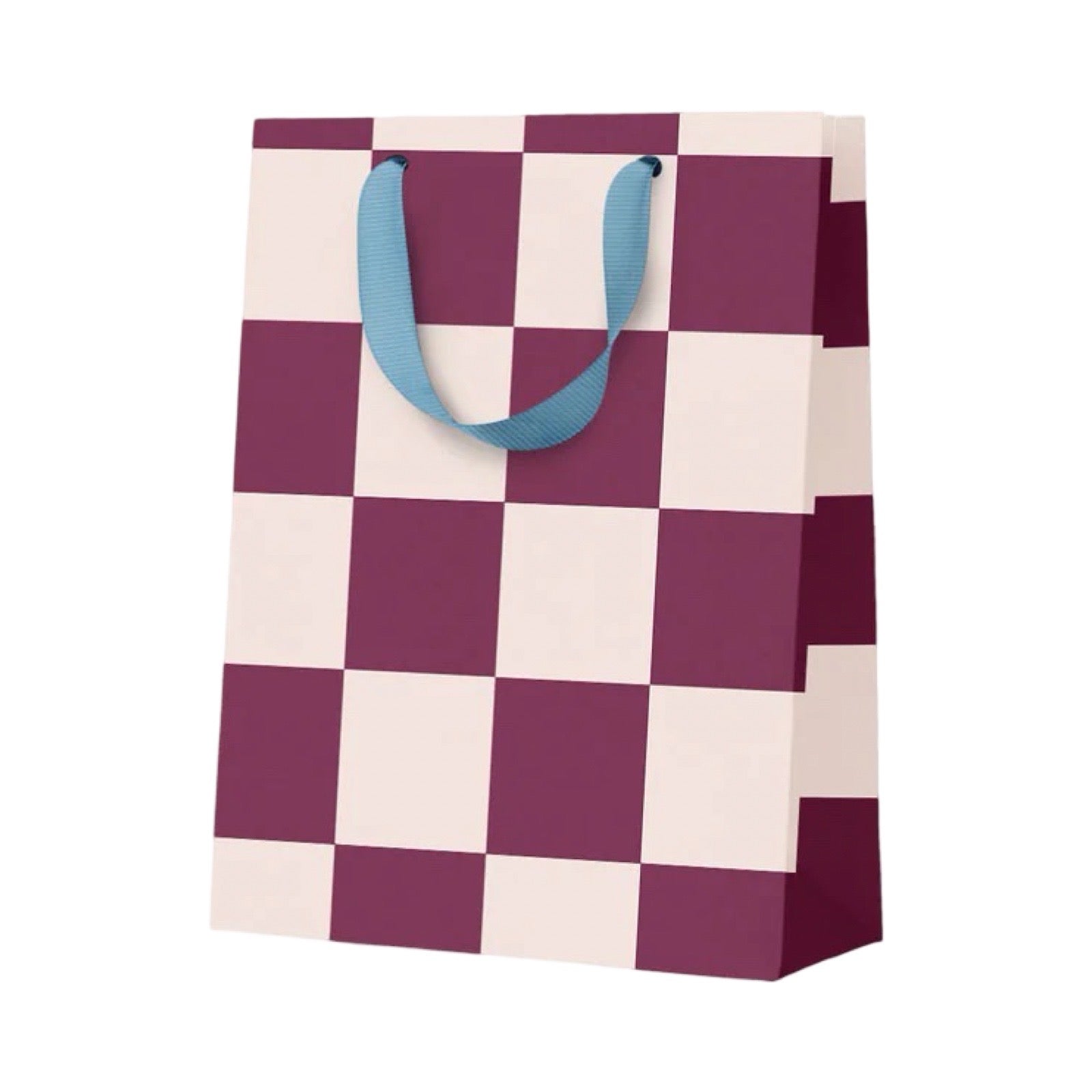 A paper gift bag with a purple and cream checkerboard pattern and light blue handles, shown on a plain white background.