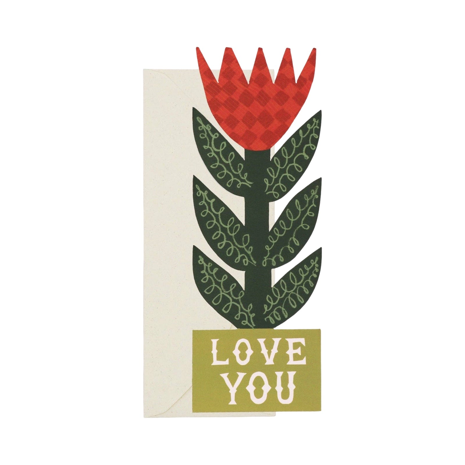 A gorgeous floral-shaped card of a red checkerboard lily with the text ‘Love You’ on the base.