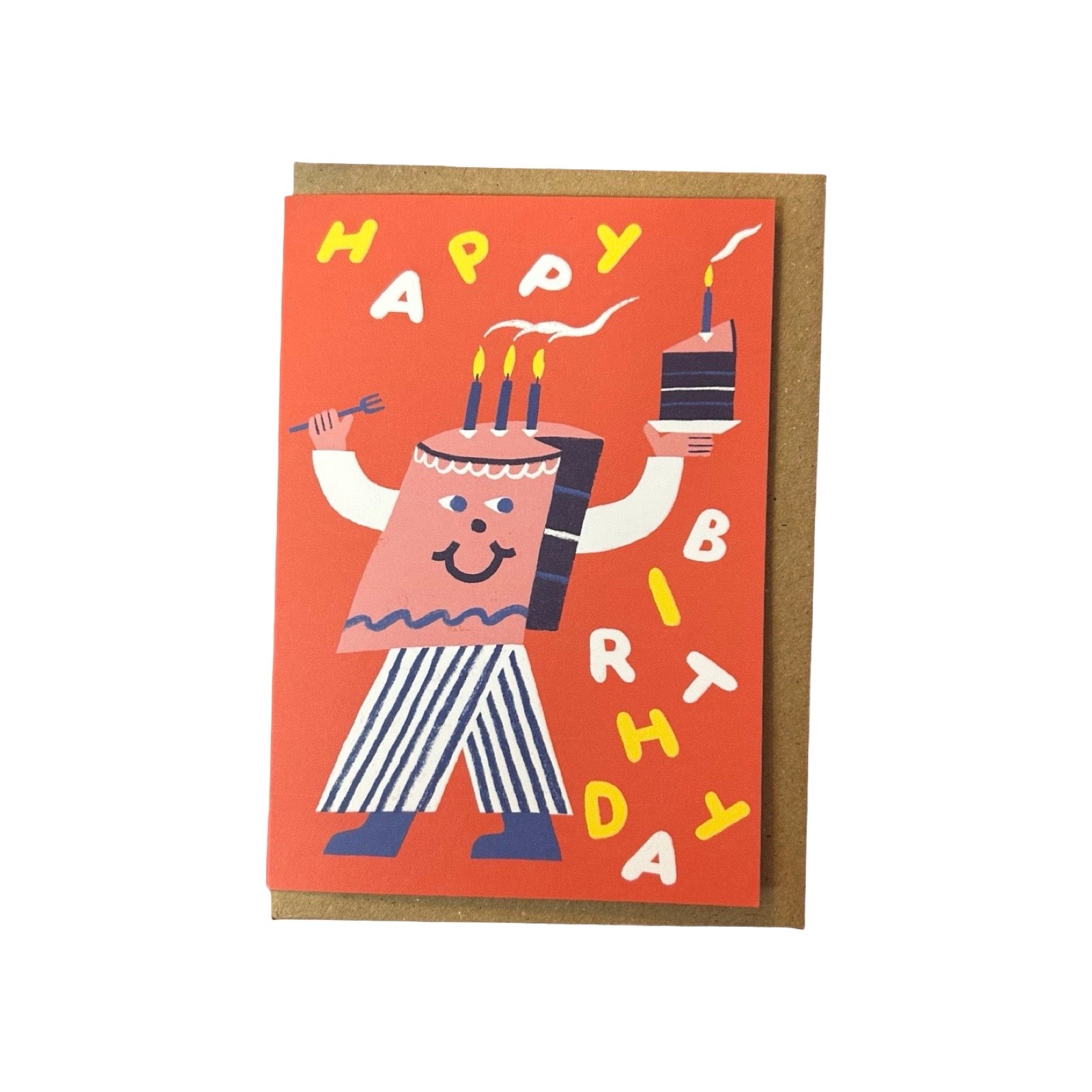A birthday greeting card with a brown kraft envelope, featuring a stylised cartoon character holding a birthday cake on a bright orange-red background with yellow and white lettering.