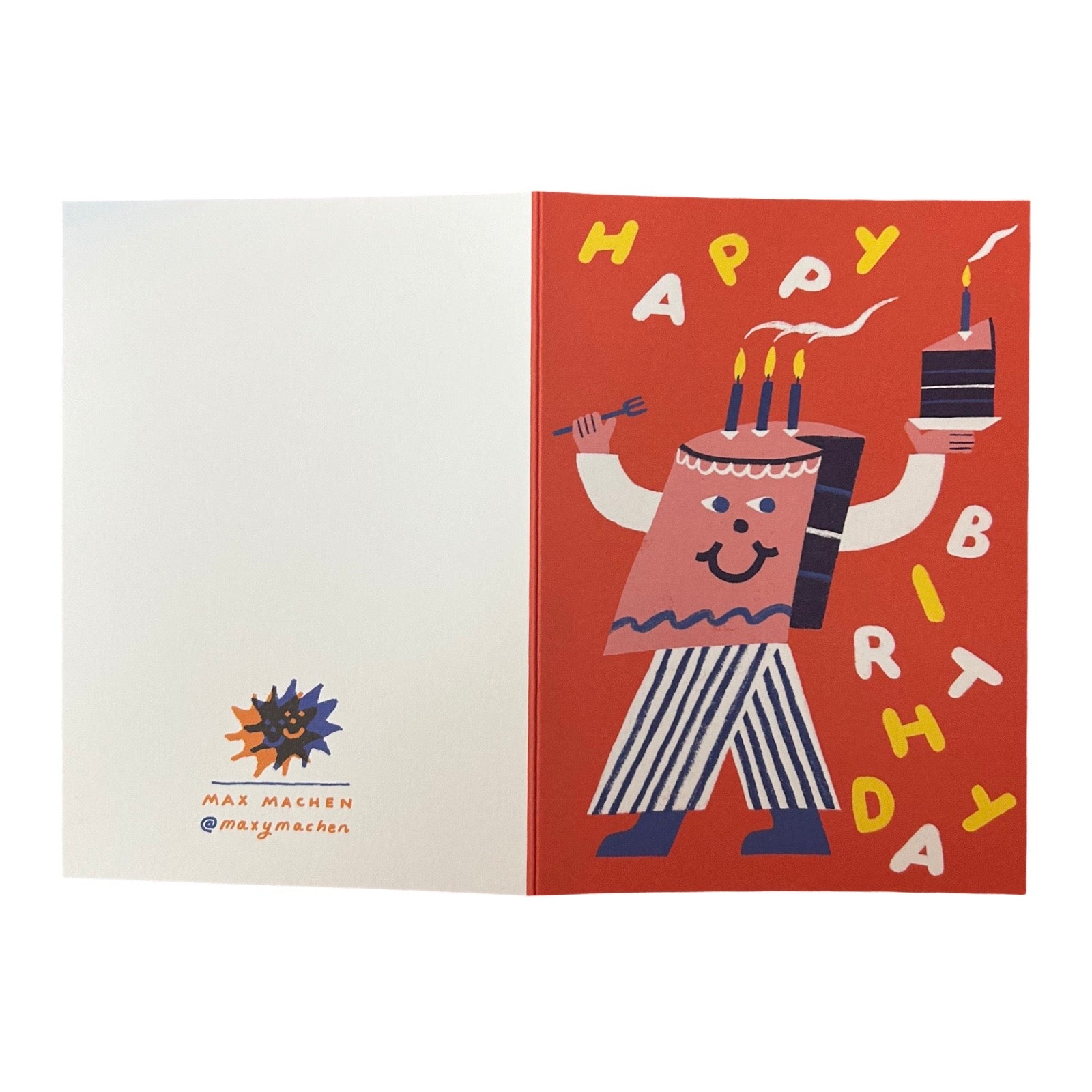 An open greeting card with a white left panel featuring the Maymachen logo and a red right panel with a whimsical birthday cake character and the words HAPPY BIRTHDAY in yellow letters.