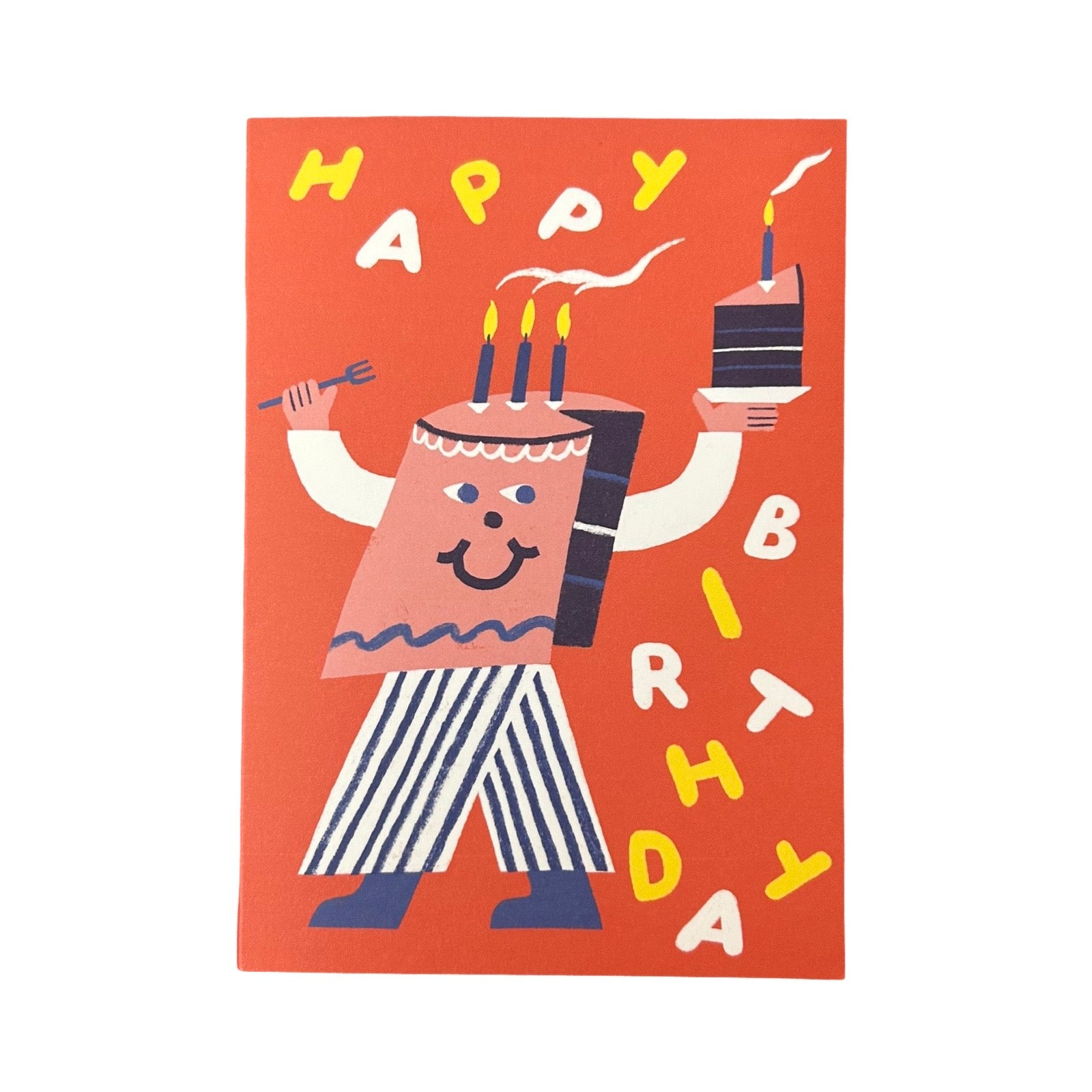 A birthday card featuring a retro-style illustration of a cake character with candles and a slice of cake, surrounded by the words 'HAPPY BIRTHDAY' in yellow and white on a bright orange-red background.