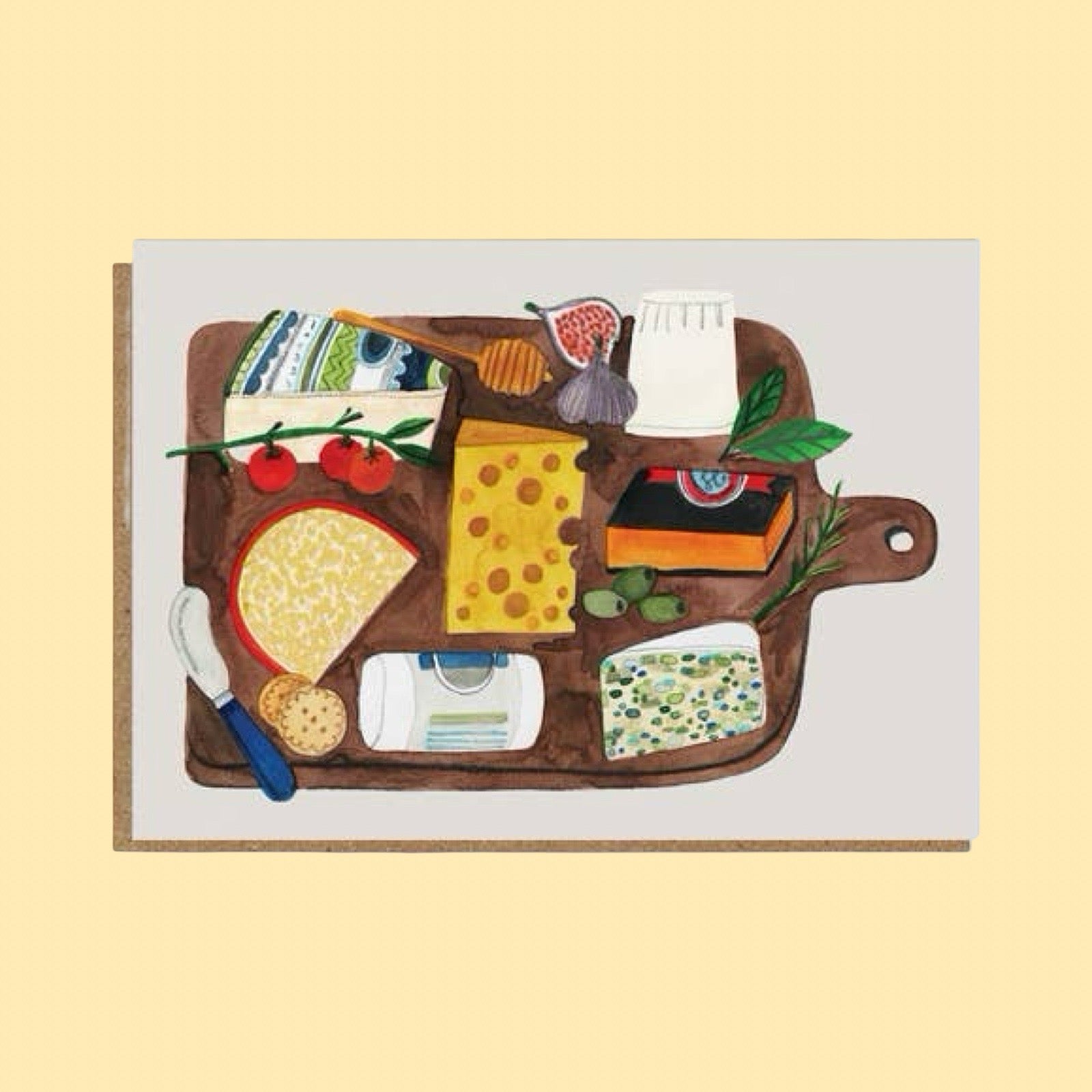 Illustration of a cheeseboard with various types of cheese, fruits, and a knife on a yellow background.