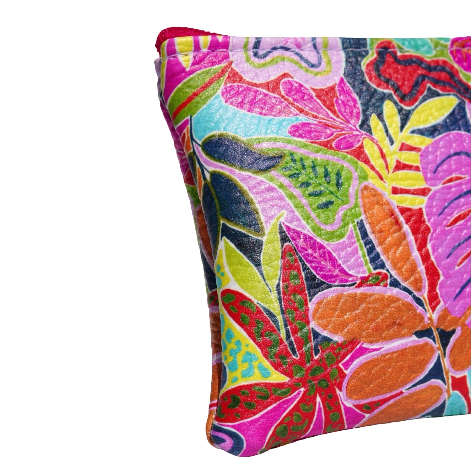 Vegan leather is printed in a bright and colourful tropical leaves design.