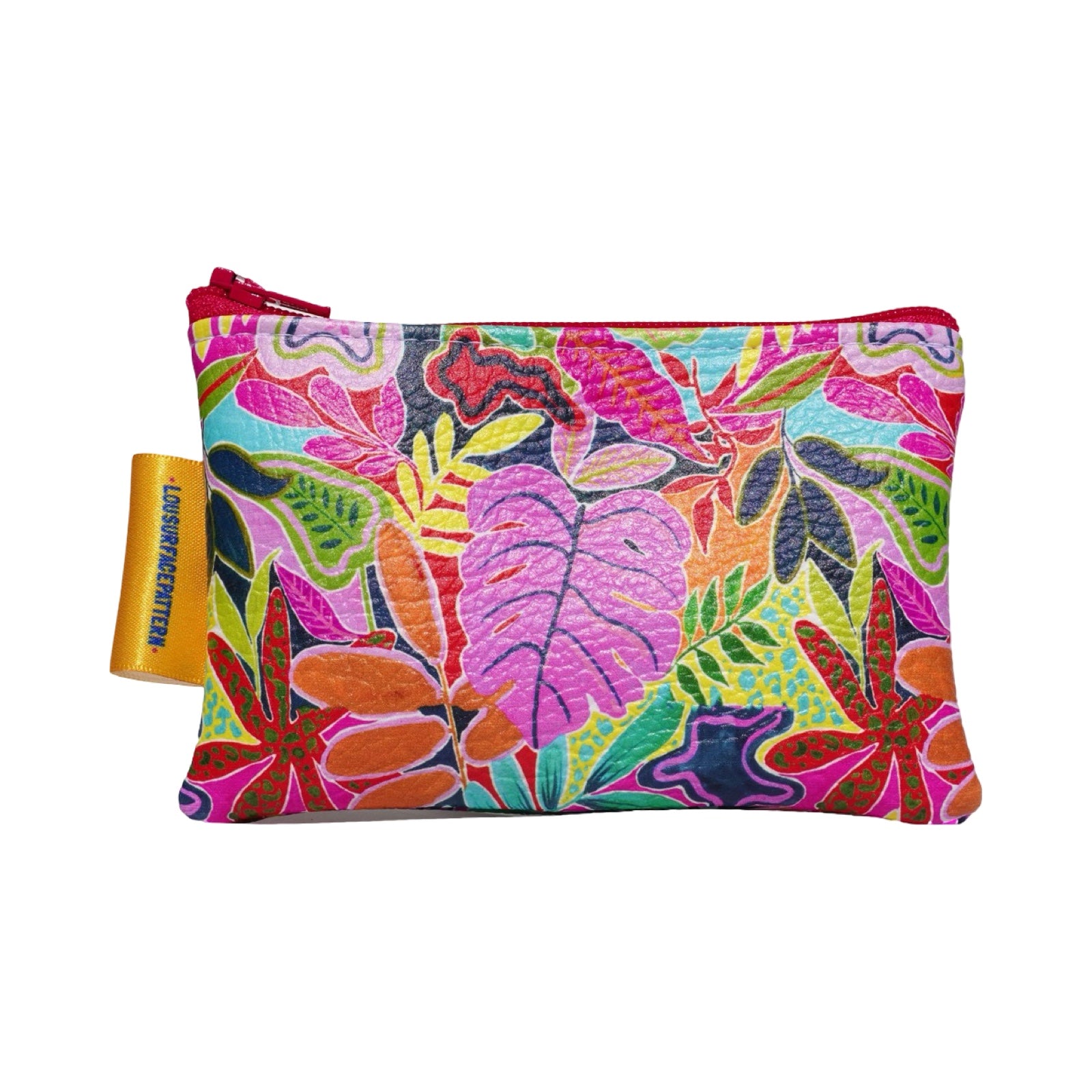 Vegan leather is printed in a bright and colourful tropical leaves design.