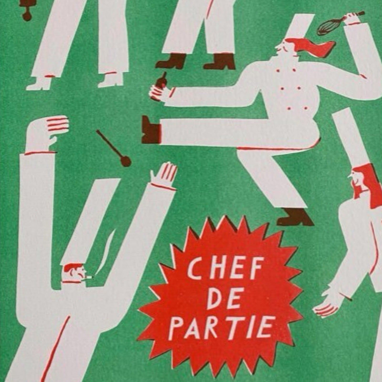 Risograph print of some long-limbed chefs dressed in their whites against a green background.