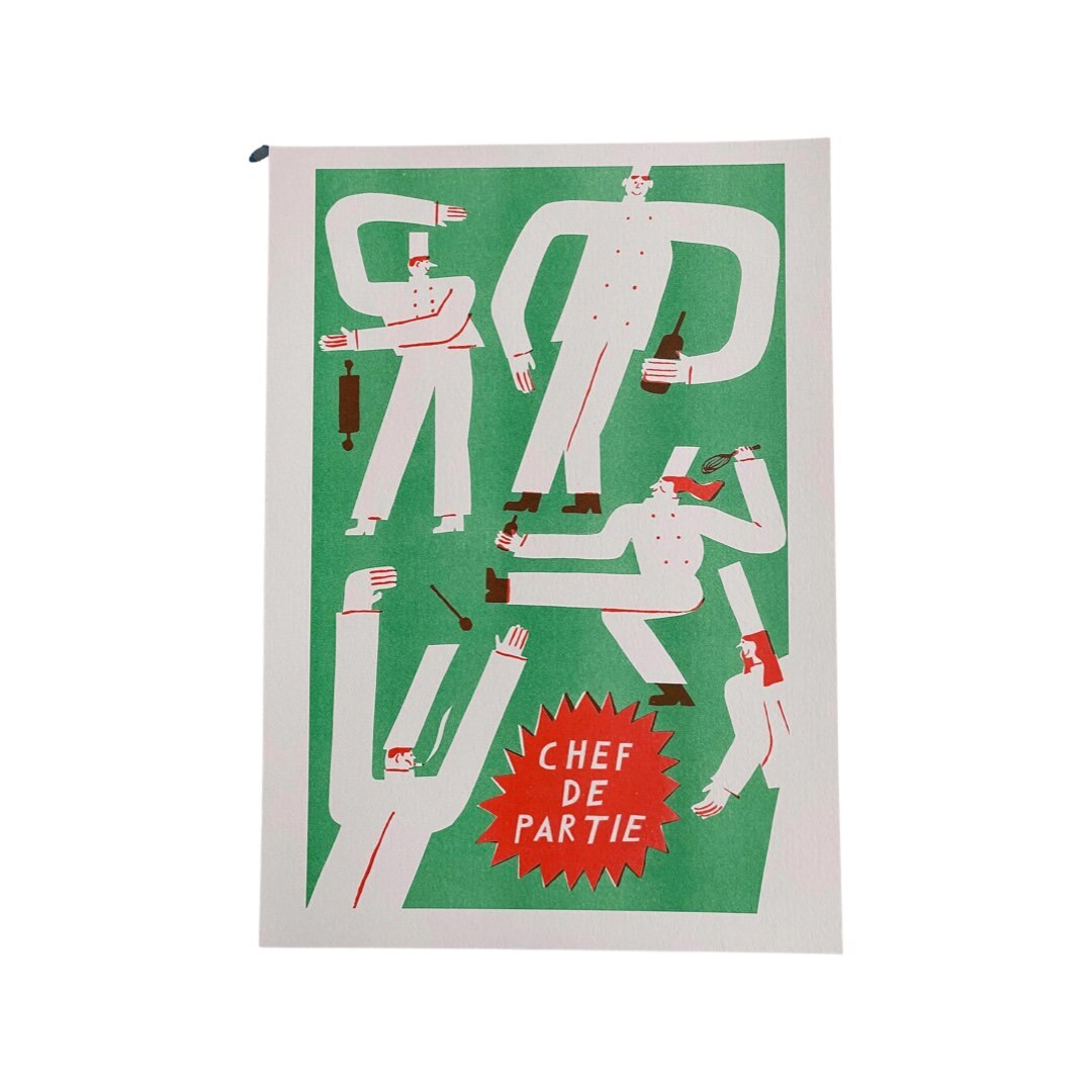 Risograph print of some long-limbed chefs dressed in their whites against a green background.