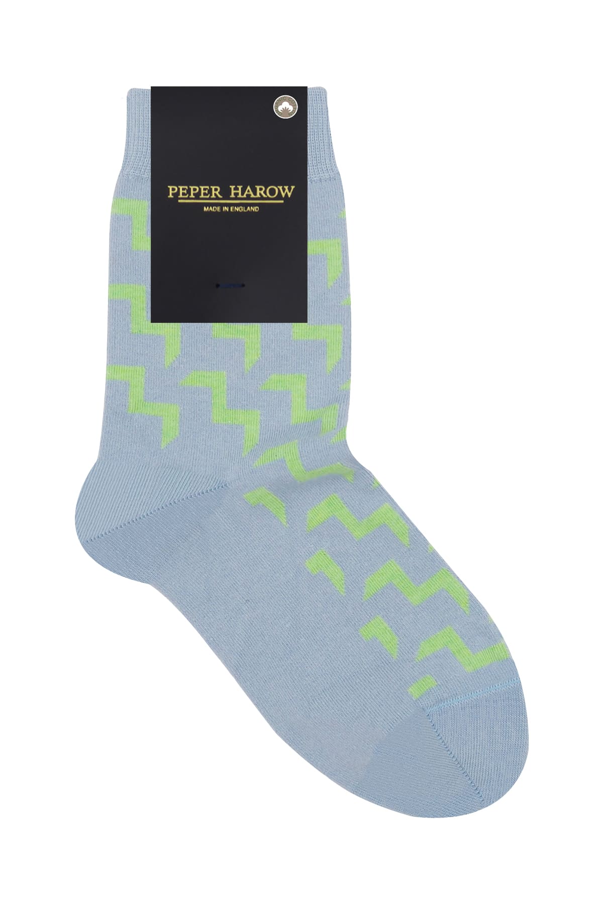 A single light blue crew sock with a lime green chevron pattern, featuring a black brand tag that reads 'PEPER HAROW'.