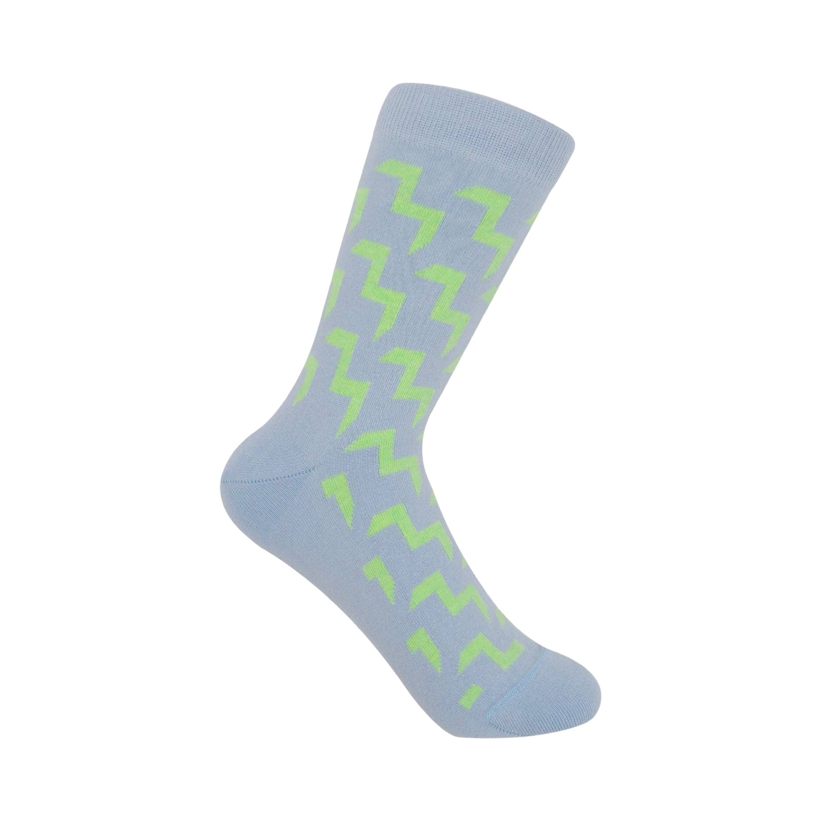 A single light blue crew sock with a repeating lime green zigzag pattern, shown against a plain white background.