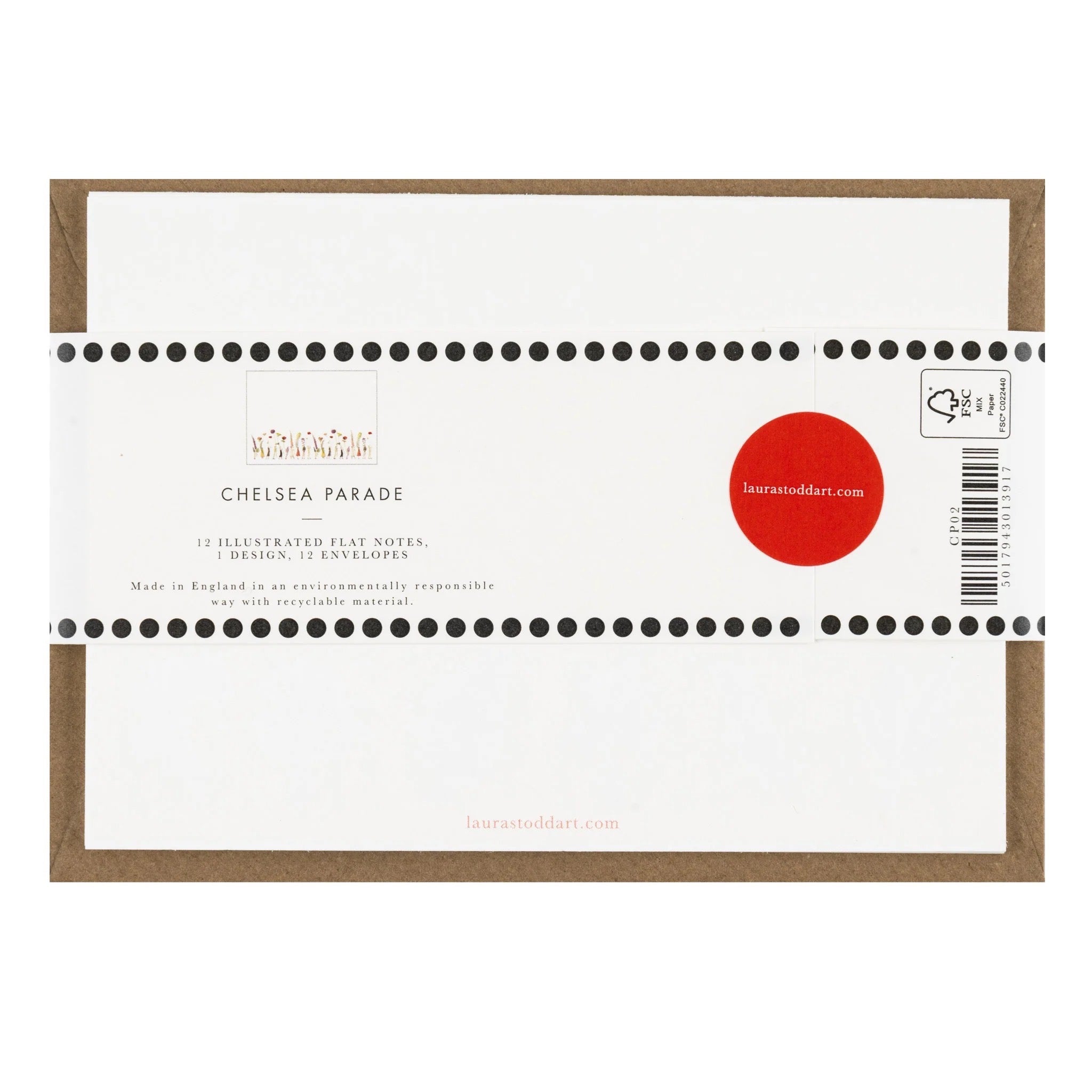 Packaging of Chelsea Parade illustrated flat notes with a red circular logo and text.