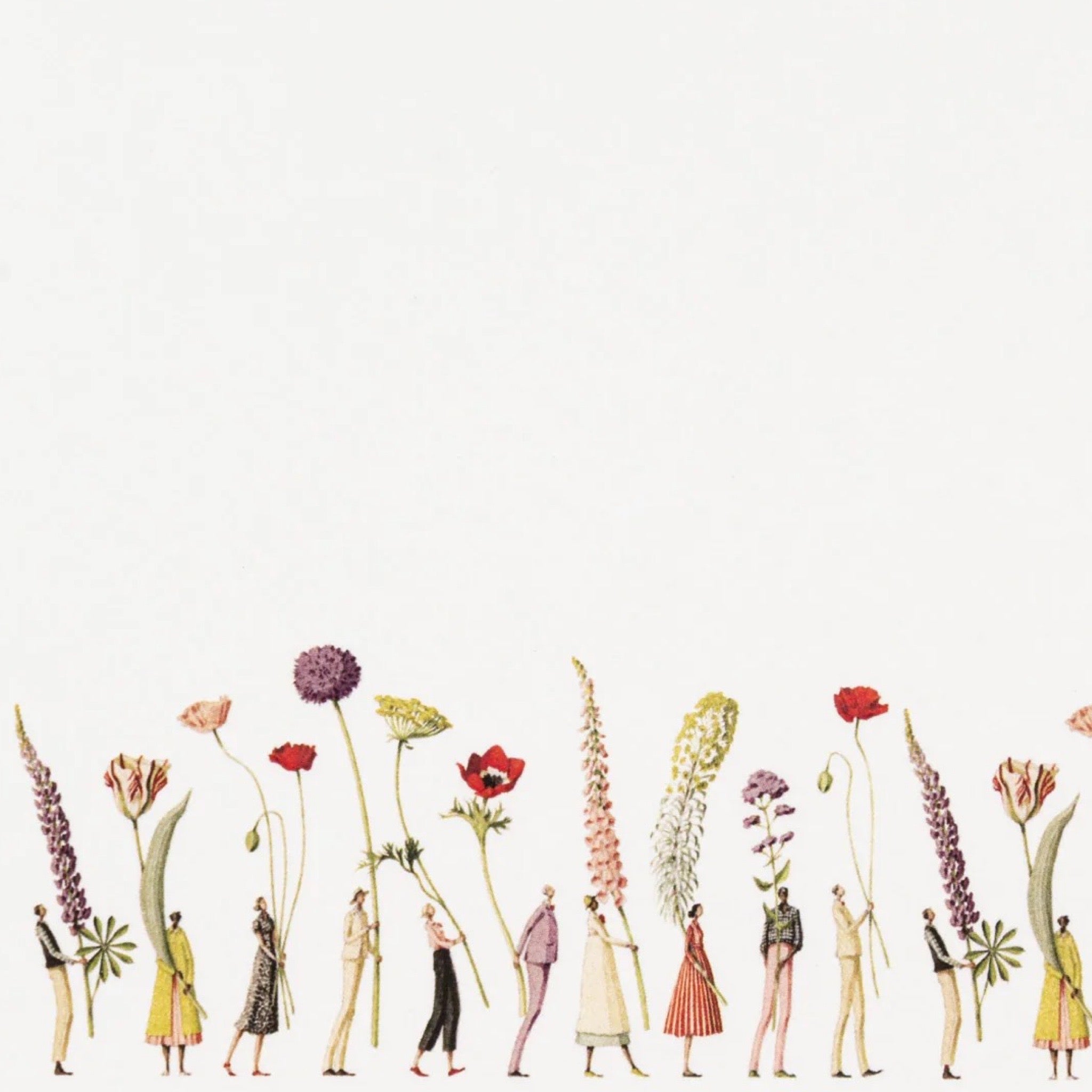 Illustration of people holding tall flowers on a white background.