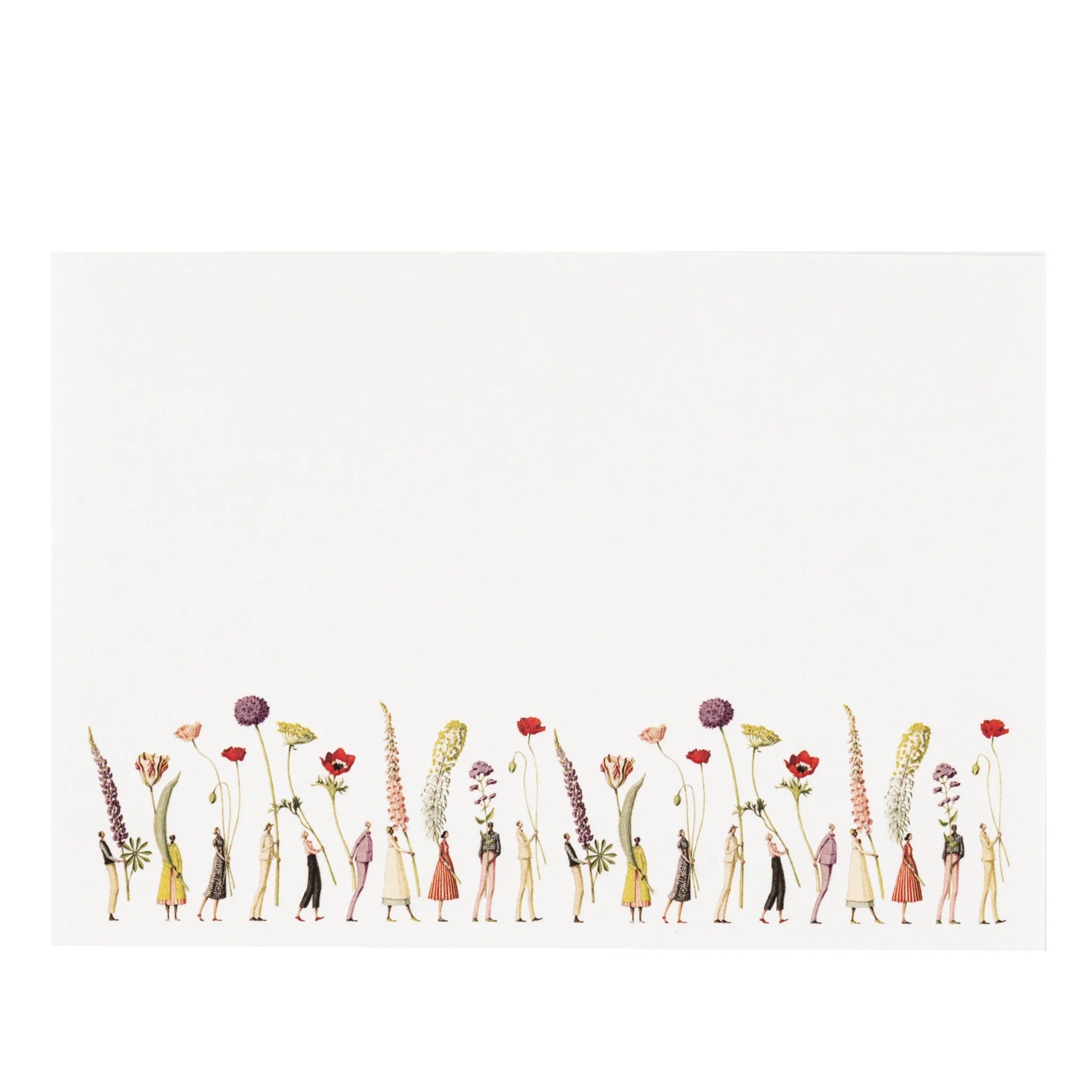 Illustration of people holding flowers on a white background.