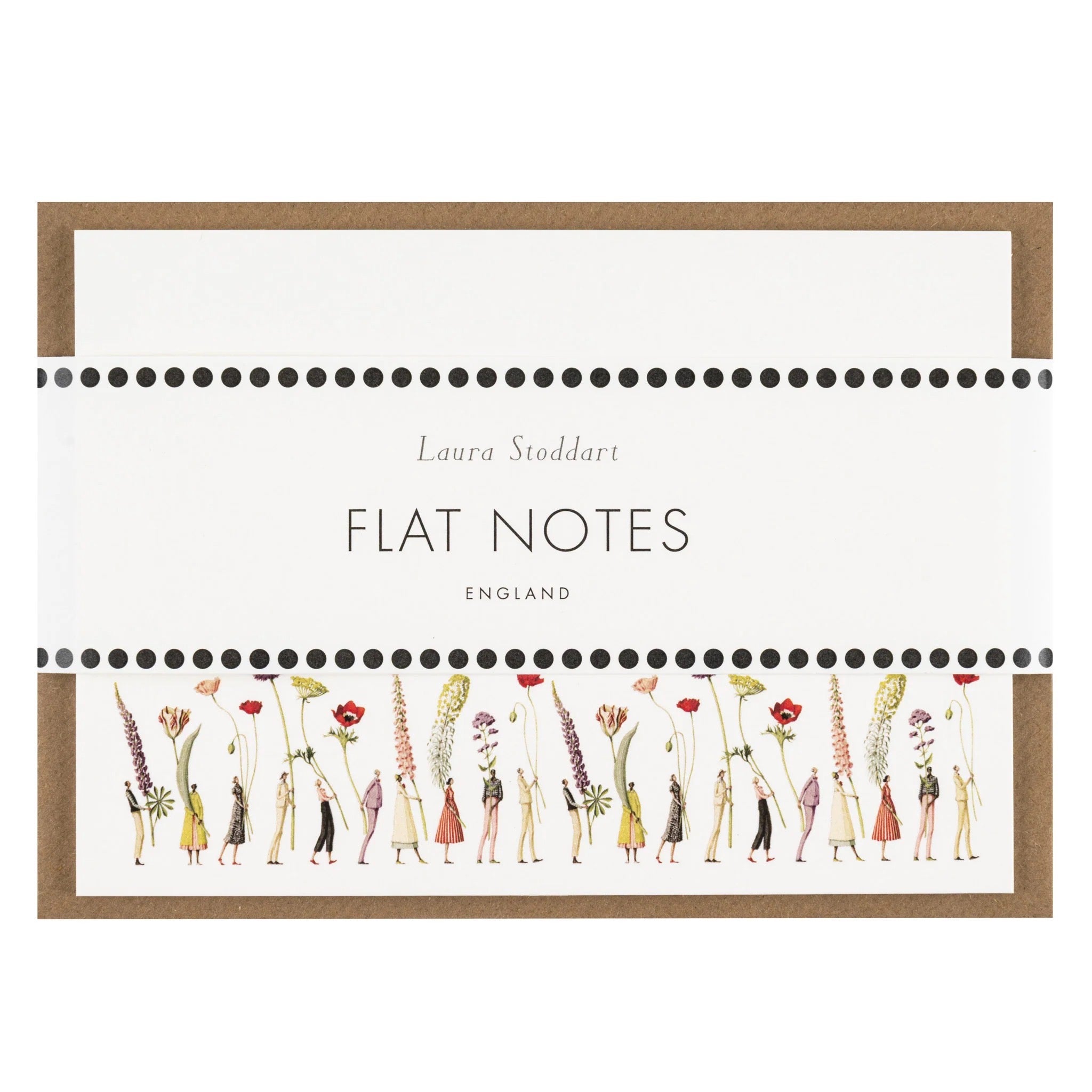 Notes with illustrations of people and flowers, with 'Laura Stoddart' packaging.