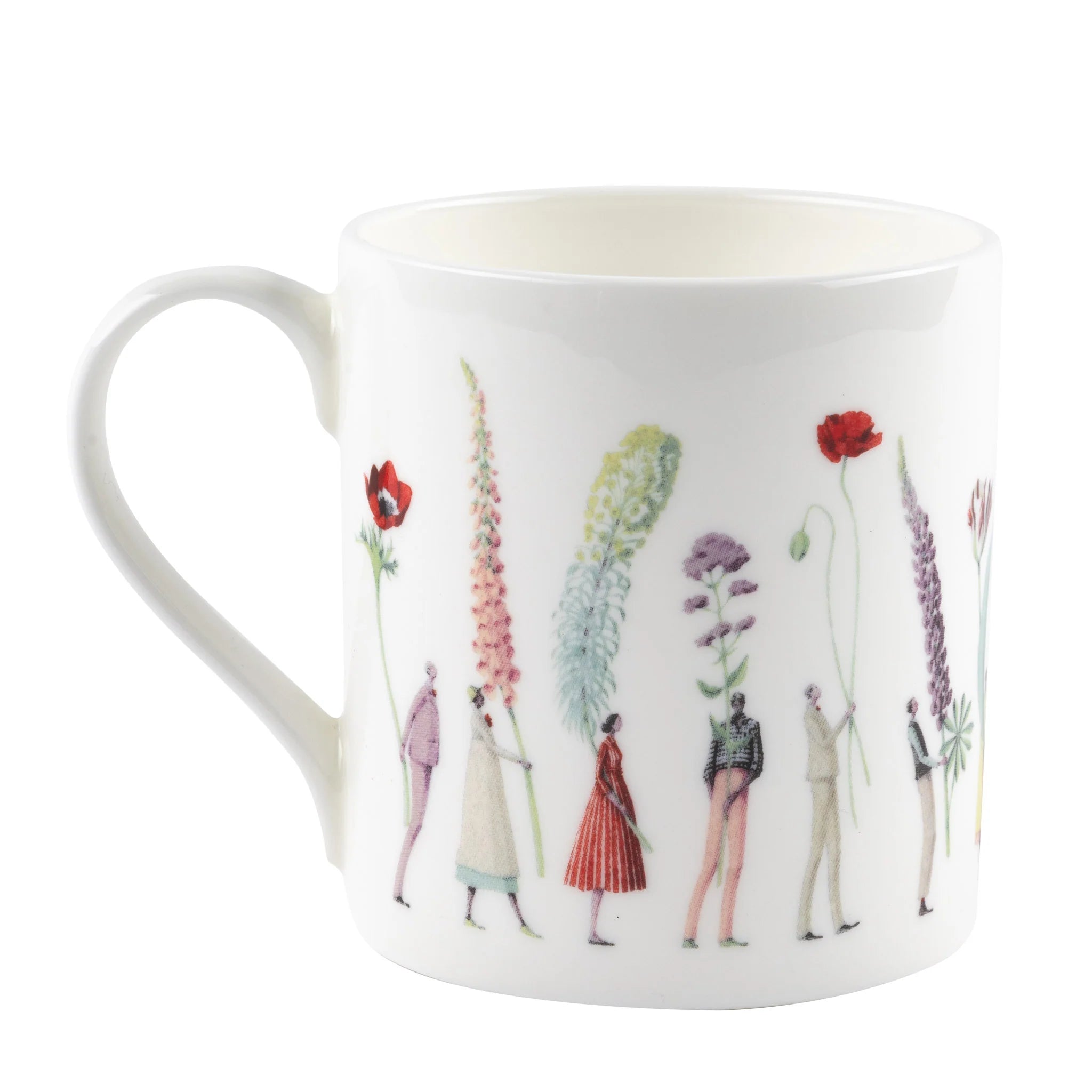 White mug with artistic design of people holding flowers on a white background.
