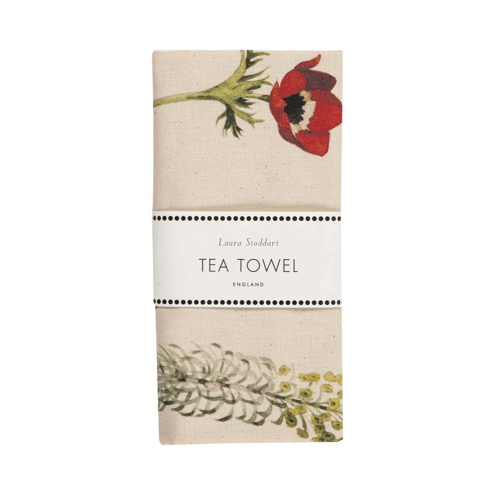 Floral tea towel featuring an illustration of a row of fabulously dressed men and women holding giant flowers. 