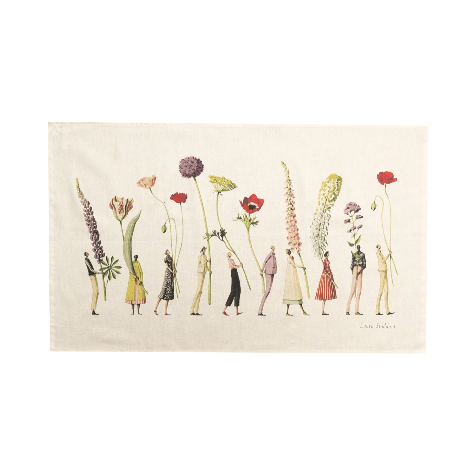 Floral tea towel featuring an illustration of a row of fabulously dressed men and women holding giant flowers. 