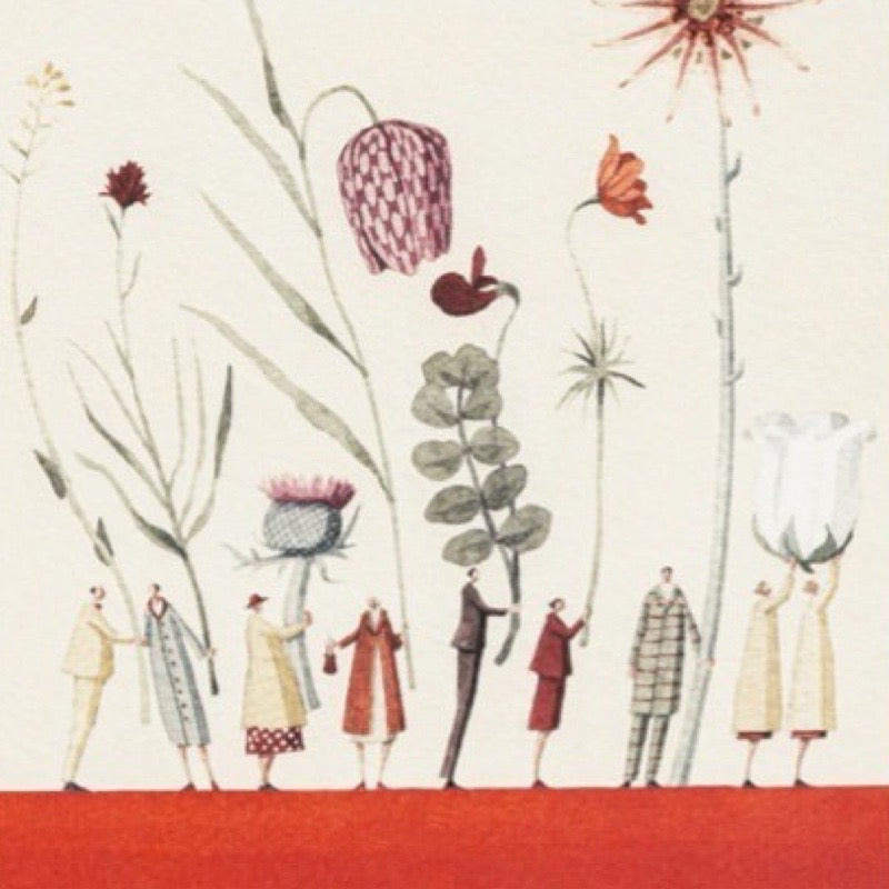 Illustration of people holding flowers against a white background.