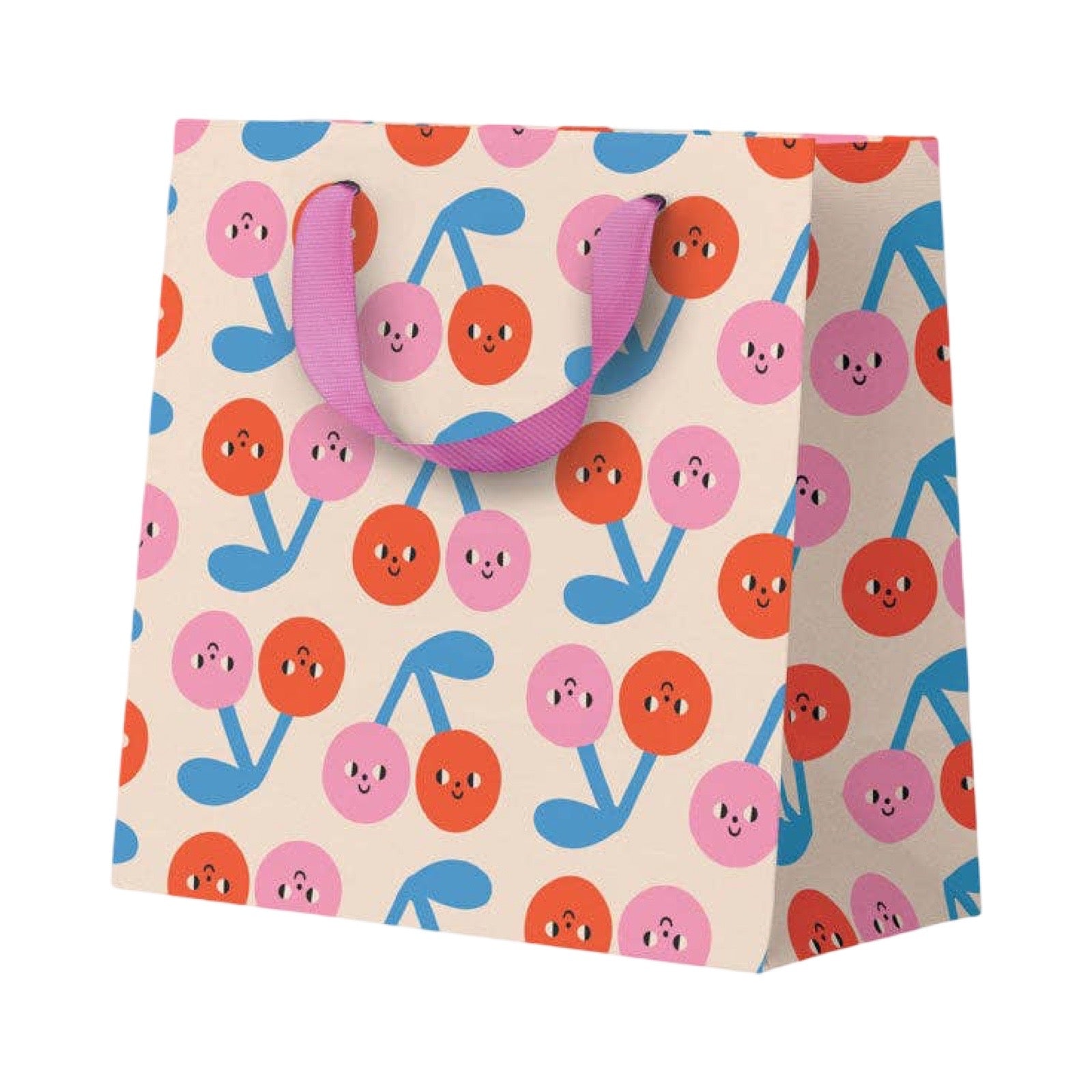 A small gift bag with a repeating cherry pattern on a cream background. The bag features pink and orange cherries with blue stems and faces, and has pink ribbon handles.