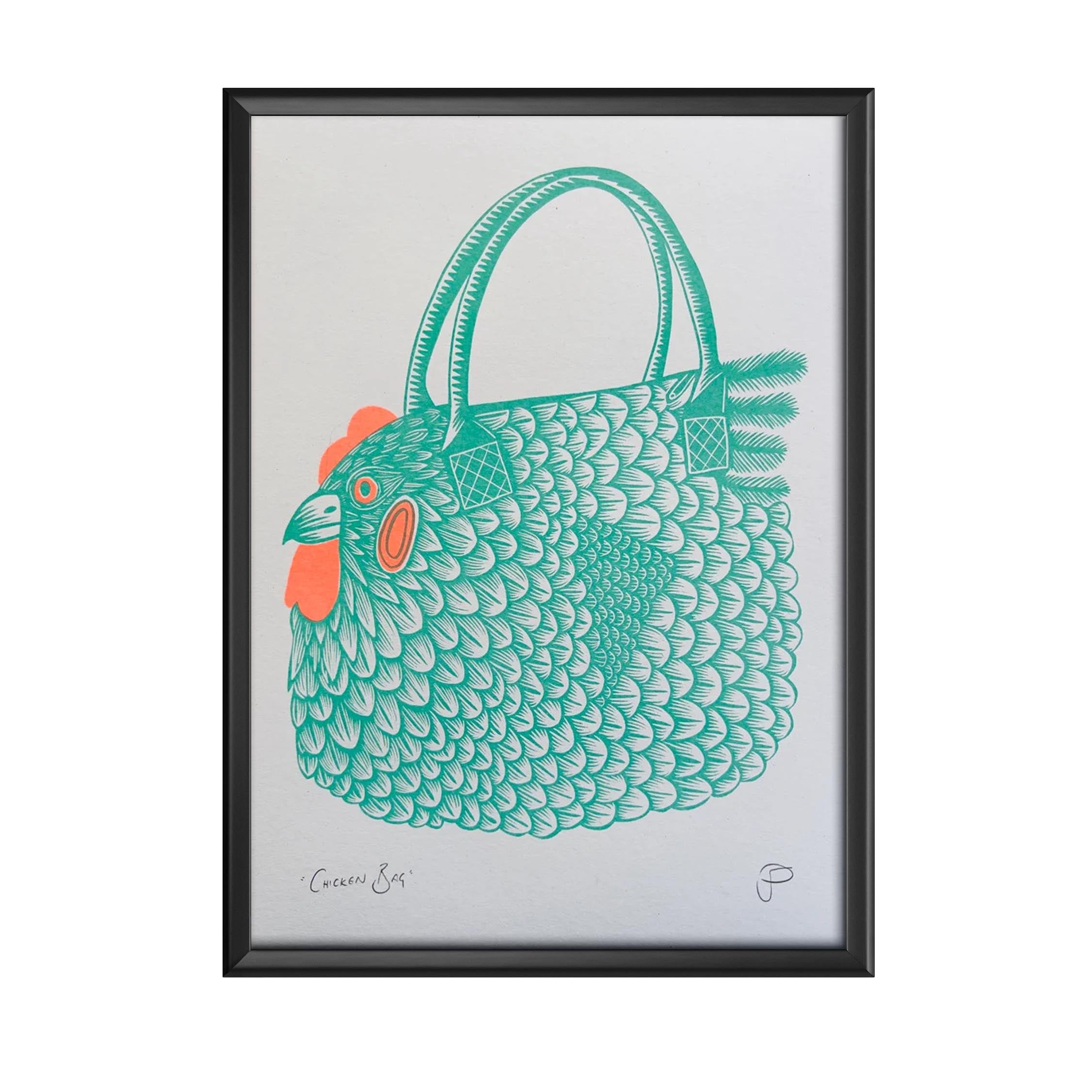 A risograph print of a green handbag with a chicken's head in a black frame.