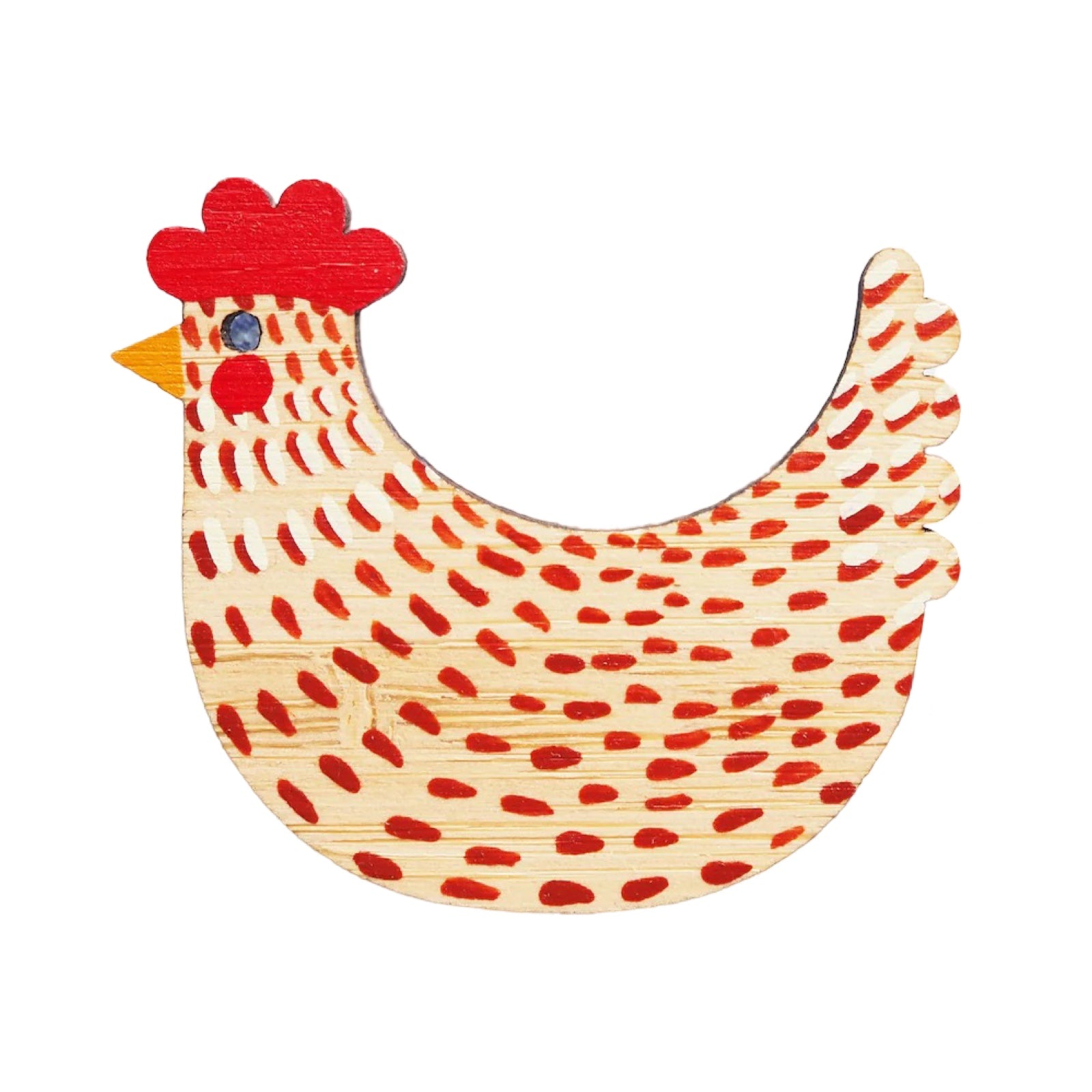 Chicken shaped bamboo brooch with red dashes and a red crown