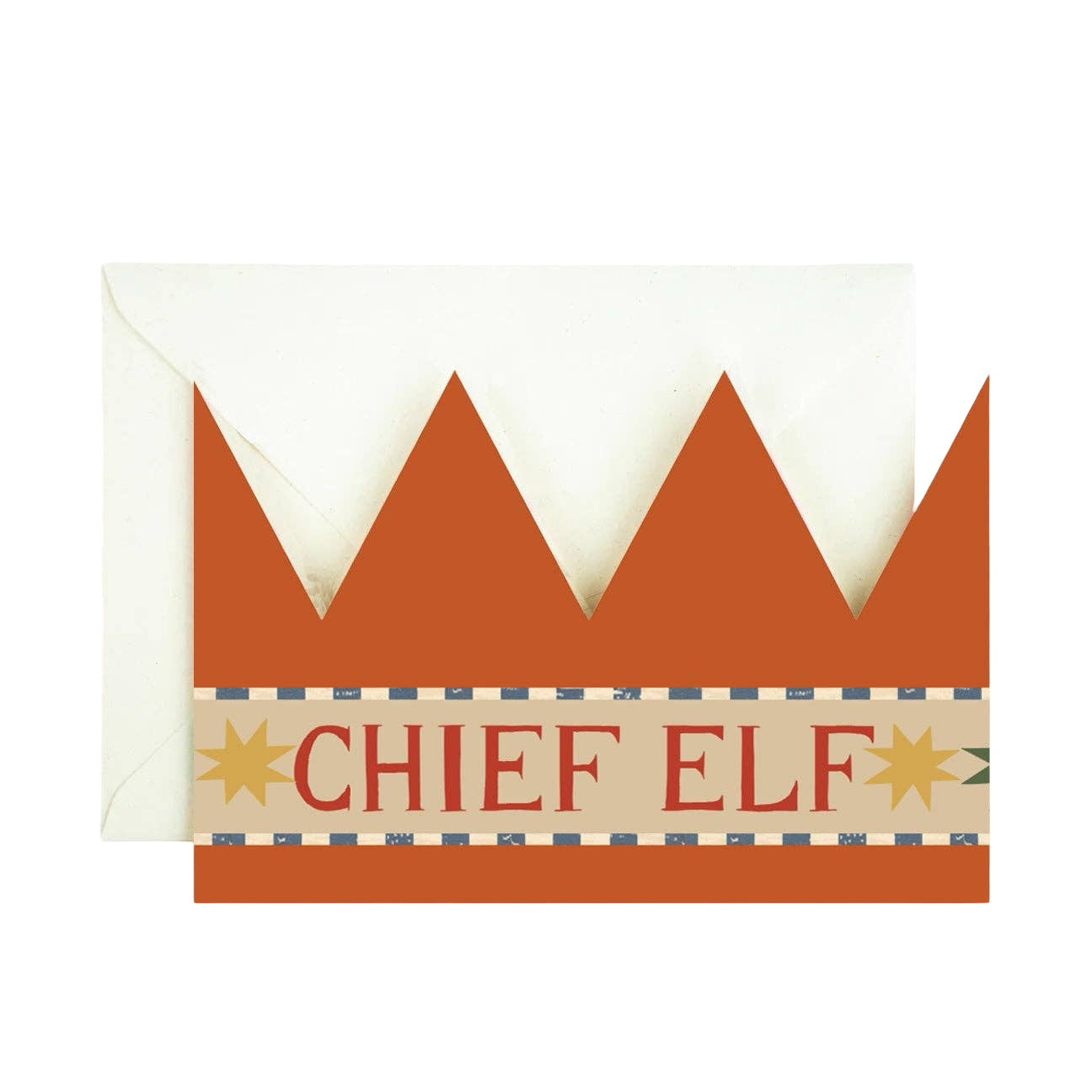A red Christmas crown-shaped card with the text 'Chief Elf'.
