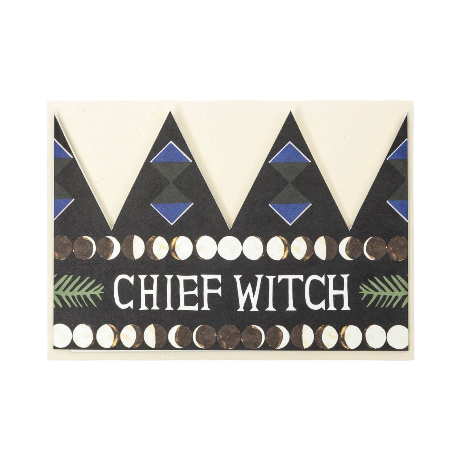 A crown-shaped card with a moon cycle motif with the text 'Chief Witch'.
