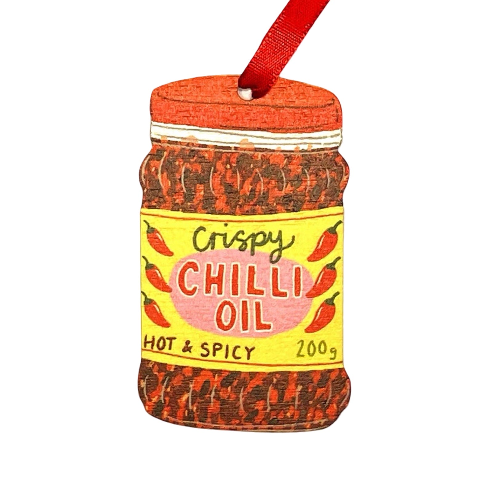 A wooden Christmas decoration of a jar of chilli oil.