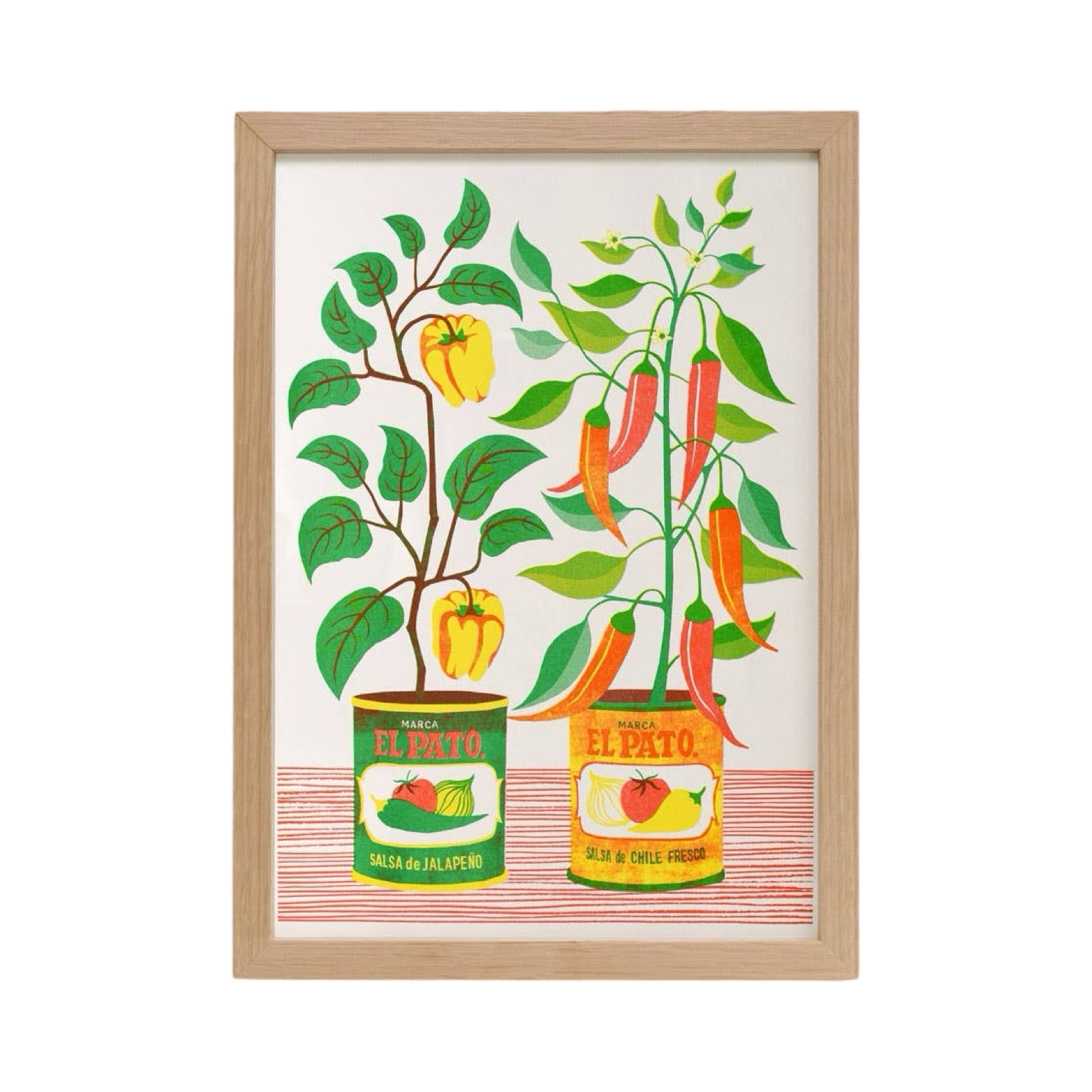 Risograph art print featuring two chilli plants growing in separate retro tins.