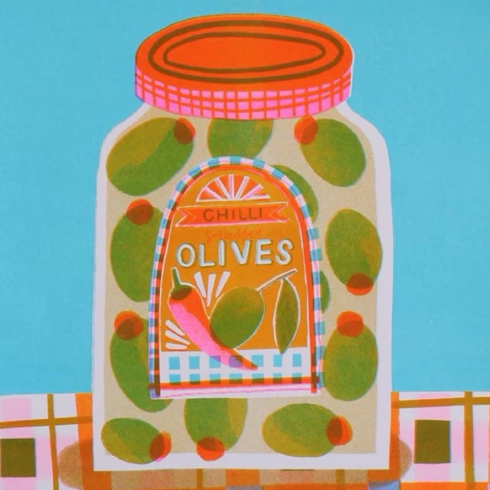 Illustration of a jar labeled 'Chili Olives' with a colorful design on a blue background.