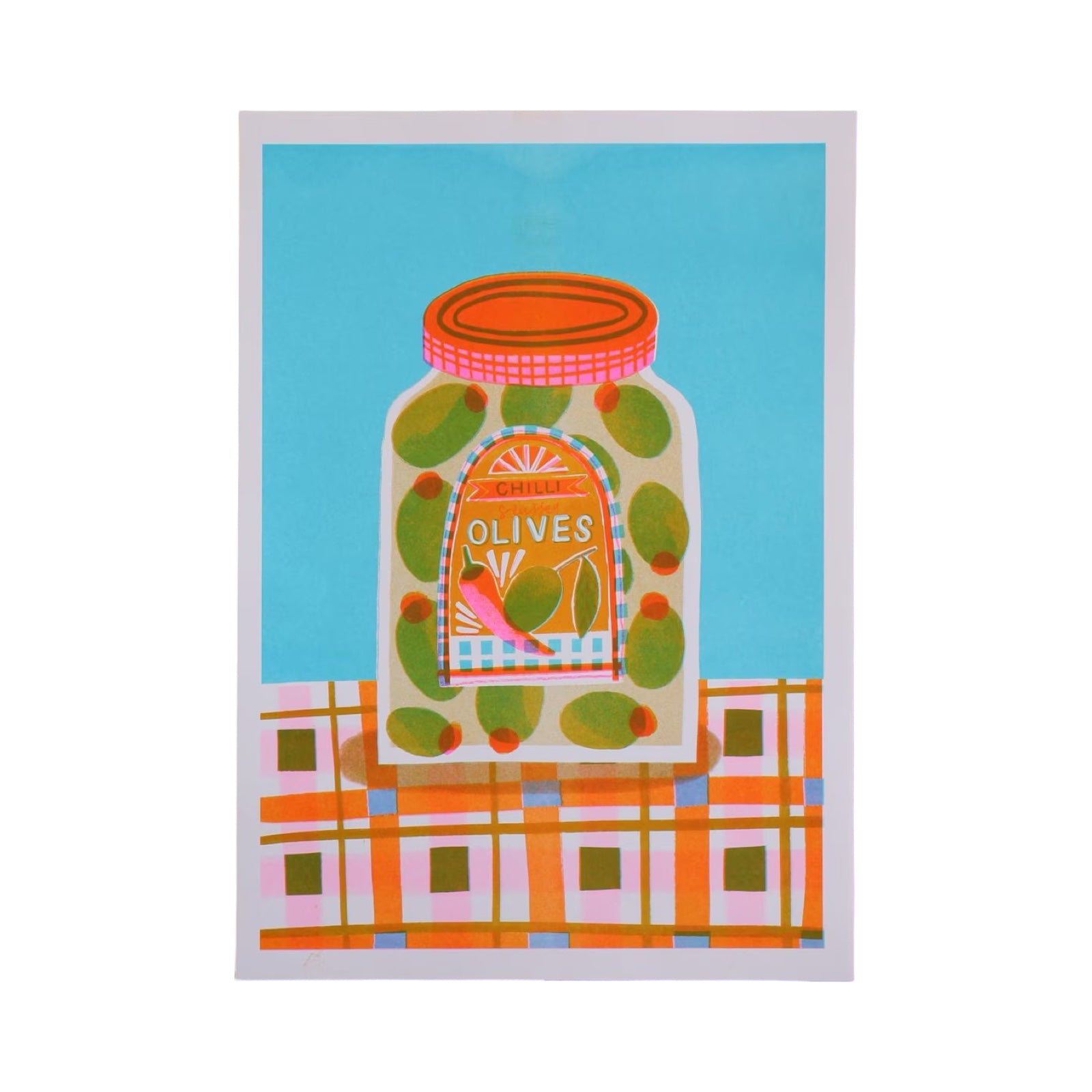 Illustration of a jar of olives with a colourful label on a blue and plaid background.