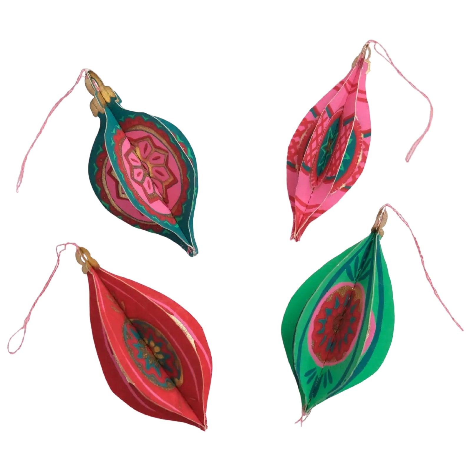 4 recycled paper bauble decorations in red, pink and green.