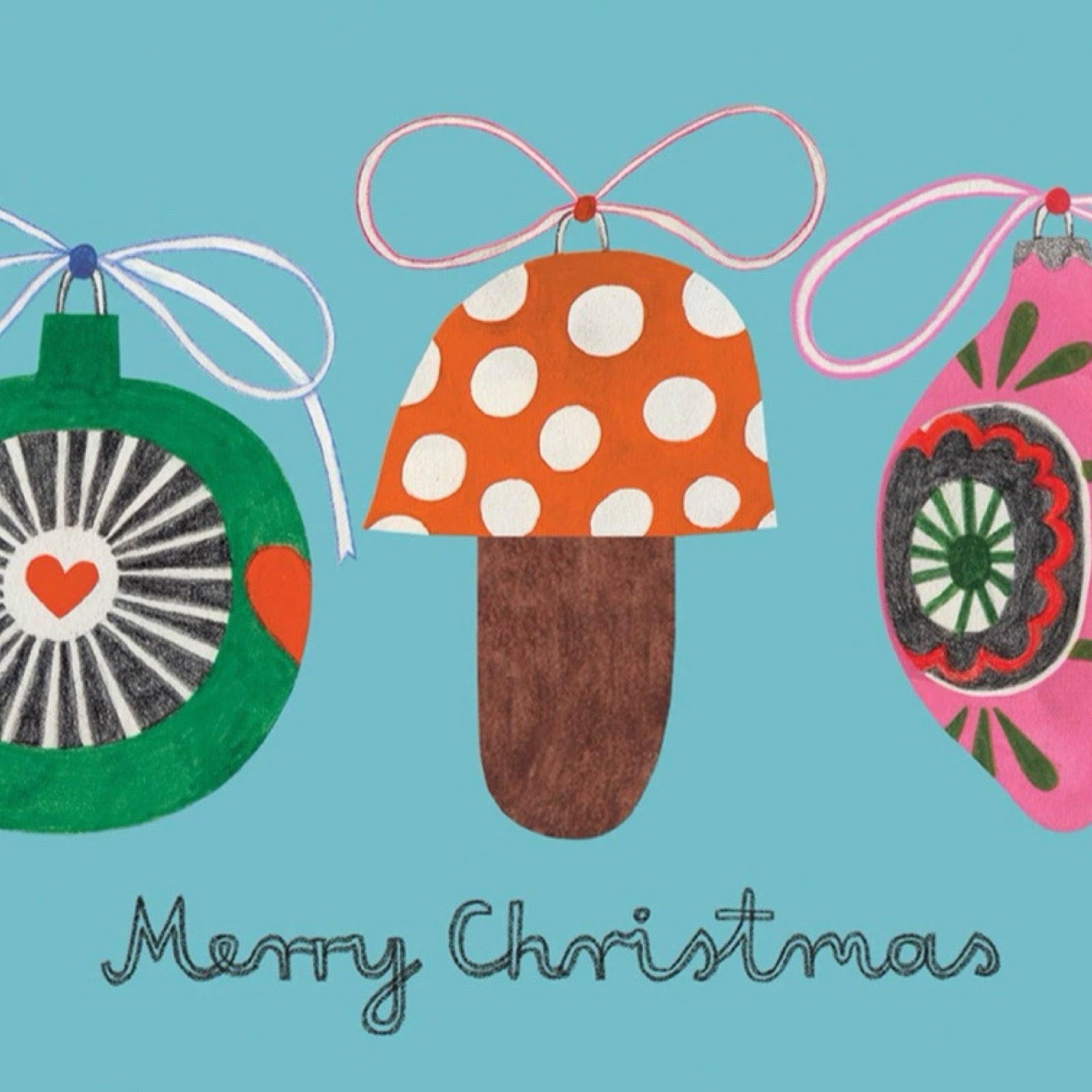 Colorful Christmas ornaments on a blue background with 'Merry Christmas' text.