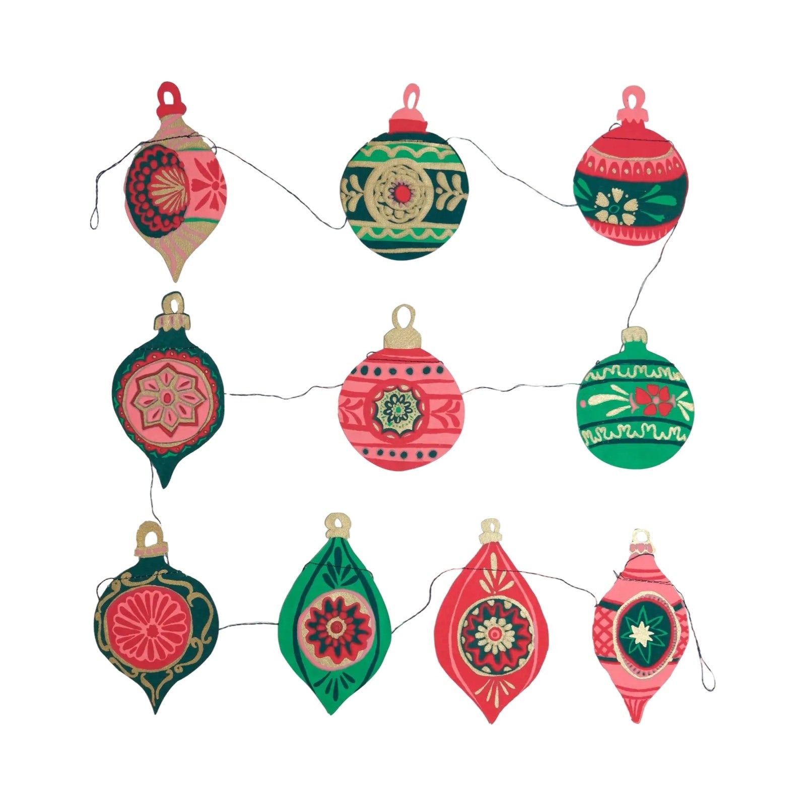 Christmas bauble garland, featuring ten screen printed paper baubles in various red, green and gold designs.