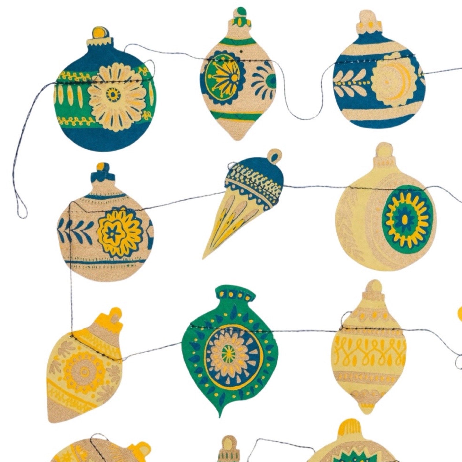 Decorative string lights with colourful bauble designs on a white background.