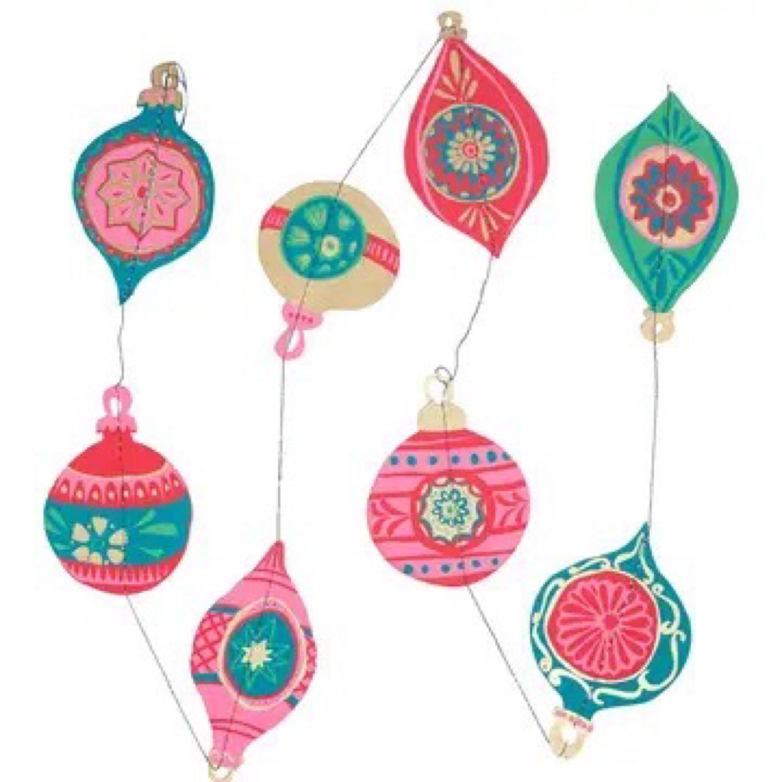 A vertical garland with 8 red, pink and green Christmas baubles.