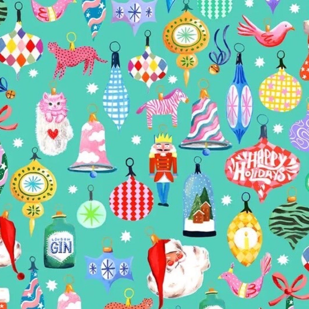 Colourful Christmas-themed pattern with ornaments and animals on a teal background.