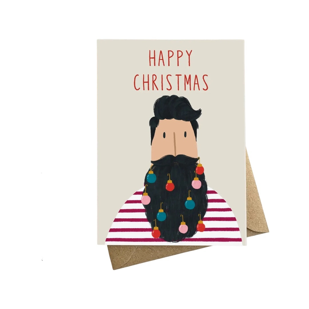 Happy Christmas card with a man with christmas lights in his beard.
