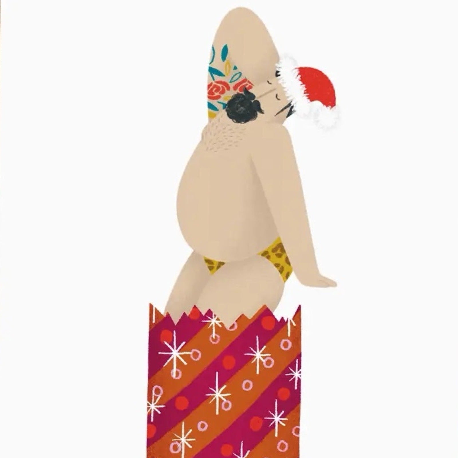Christmas cracker sexy man card close up.
