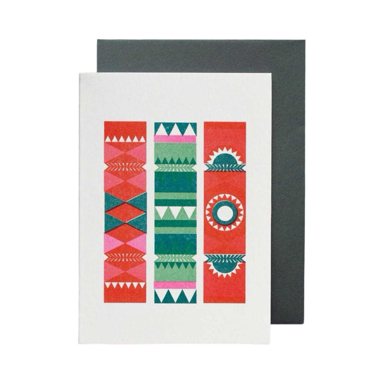 Mini Christmas card of 3 Christmas crackers in red, green, pink and white